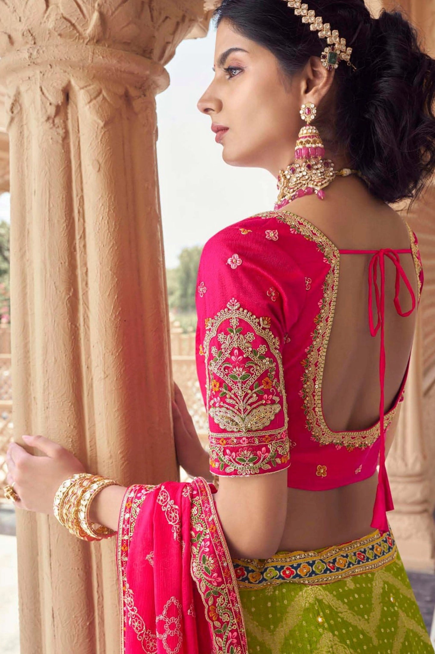 Lime Green Embroidered Semi-Stitched Viscose Silk Lehenga-SAR10347_3_SareeButa.com