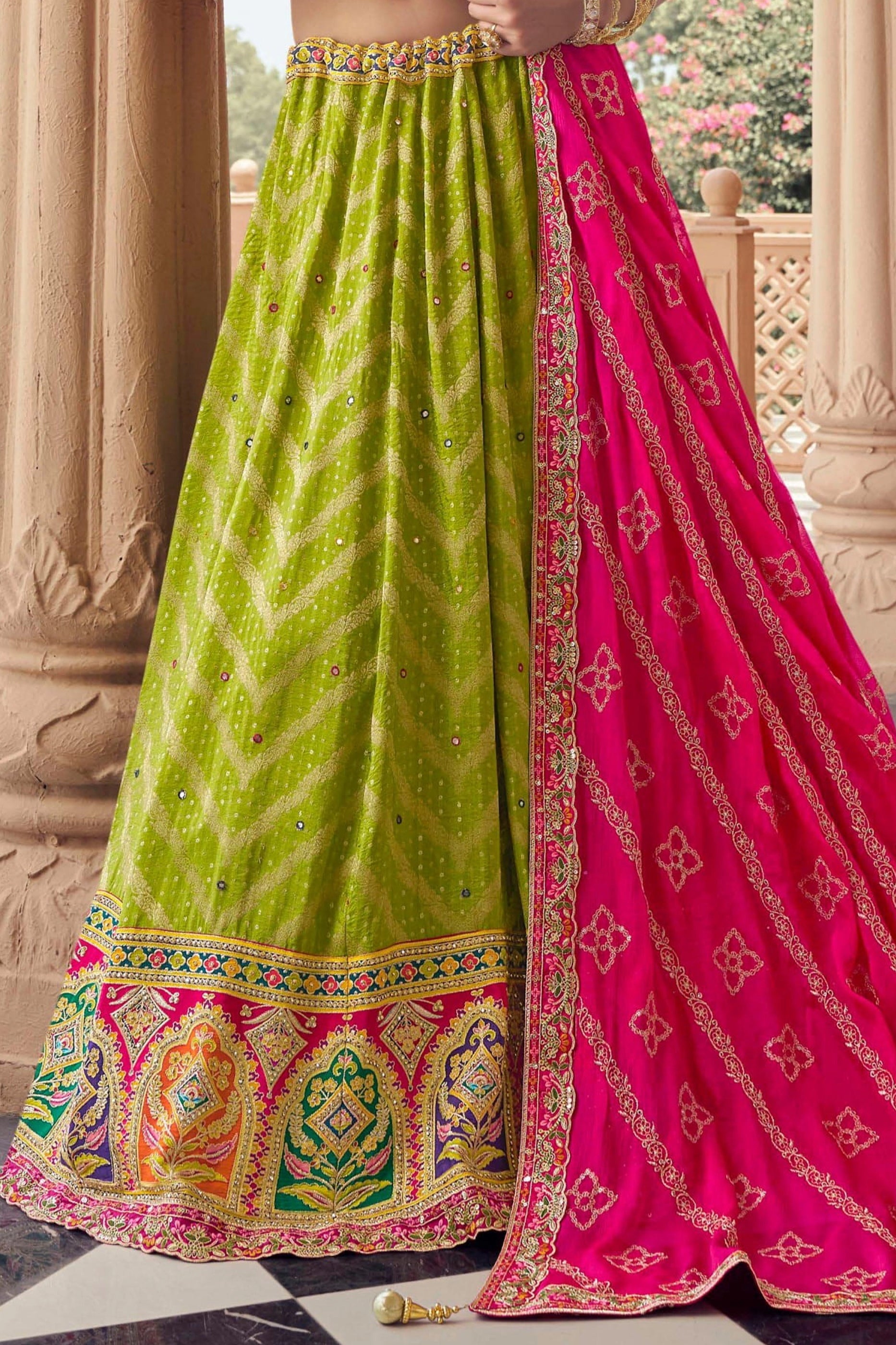 Lime Green Embroidered Semi-Stitched Viscose Silk Lehenga-SAR10347_5_SareeButa.com