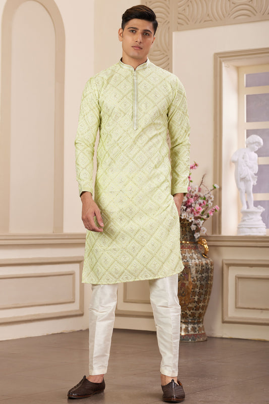 Lime Green Embroidered Silk Kurta Pajama-MW27_1_SareeButa.com