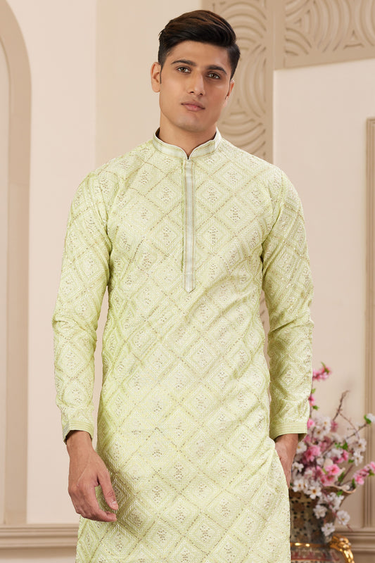 Lime Green Embroidered Silk Kurta Pajama-MW27_2_SareeButa.com