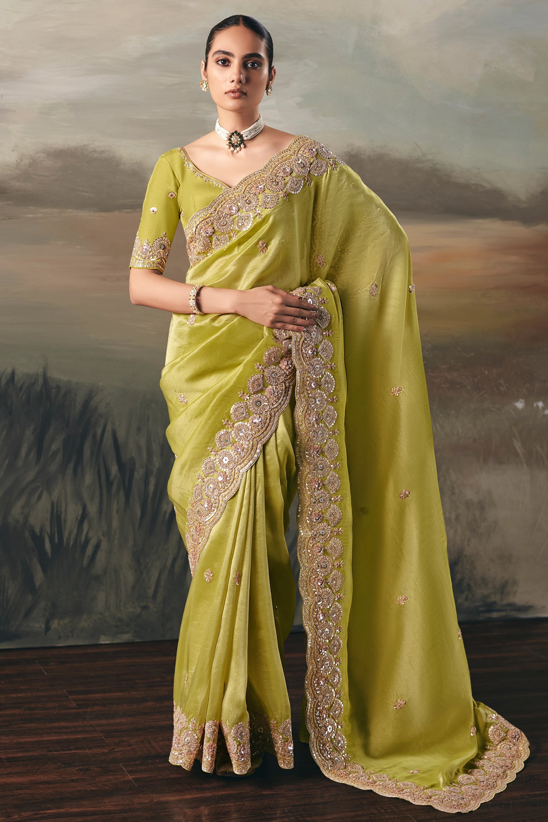 Lime Green Embroidered Tissue Saree-SAR10832_1_SareeButa.com