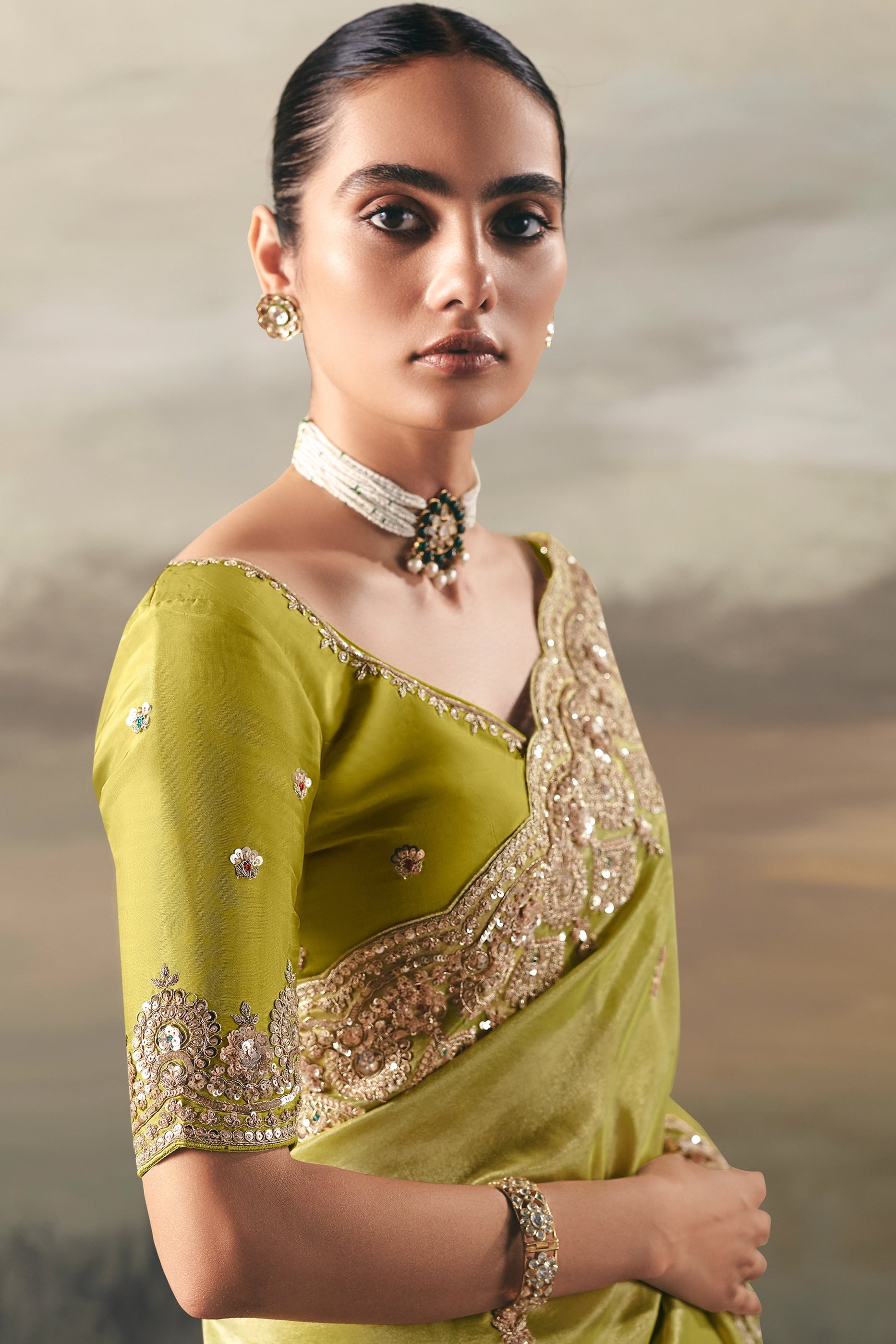 Lime Green Embroidered Tissue Saree-SAR10832_2_SareeButa.com