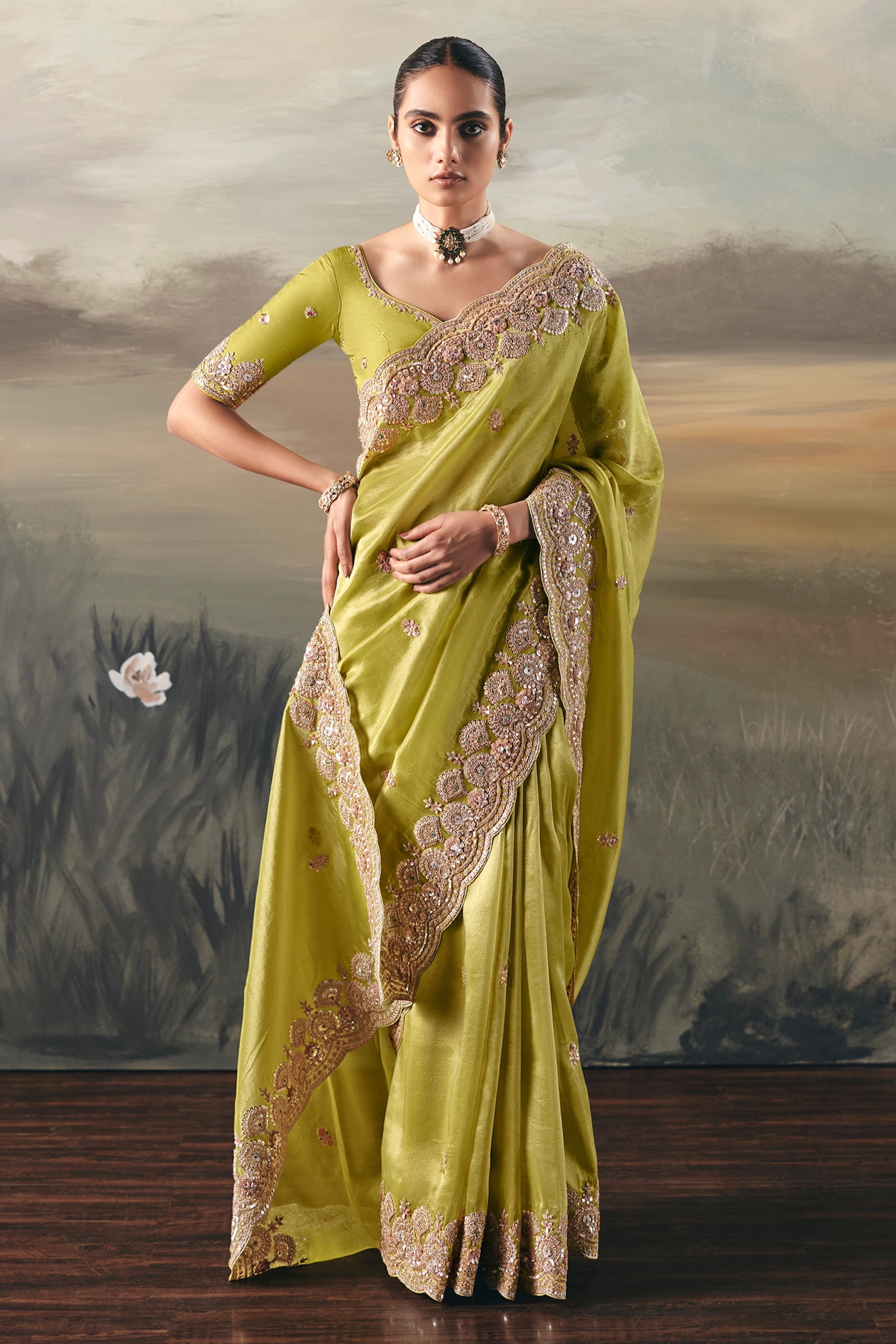 Lime Green Embroidered Tissue Saree-SAR10832_3_SareeButa.com