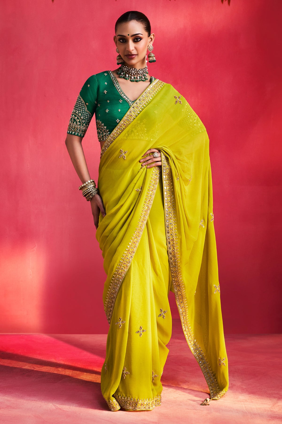 Lime Green Organza Khatli Border Saree-SAR13306_1_SareeButa.com