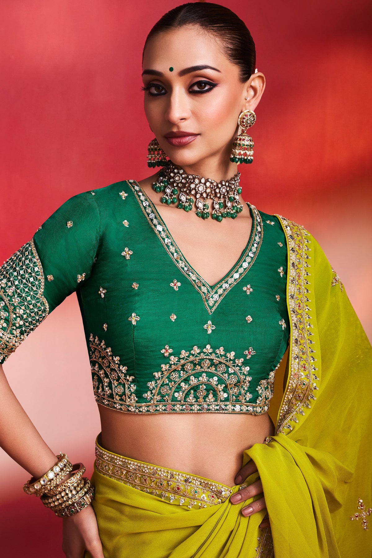 Lime Green Organza Khatli Border Saree-SAR13306_2_SareeButa.com