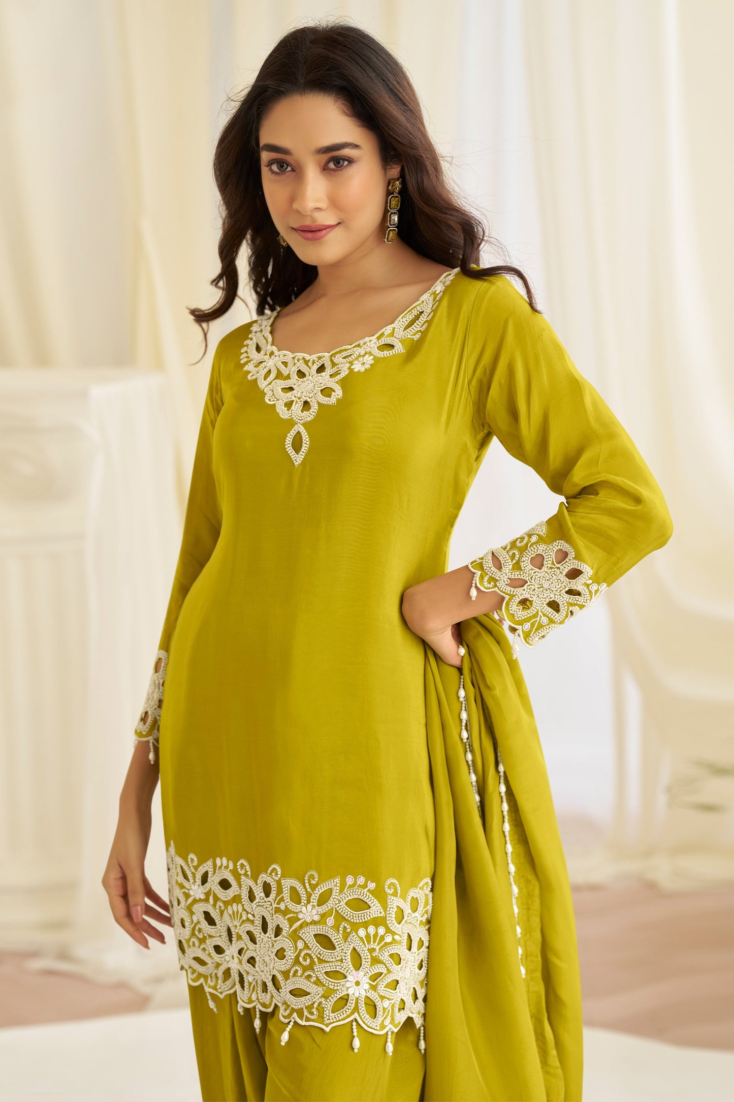 Lime Green Readymade Bead Work Crepe Suit-SAR11622_3_SareeButa.com