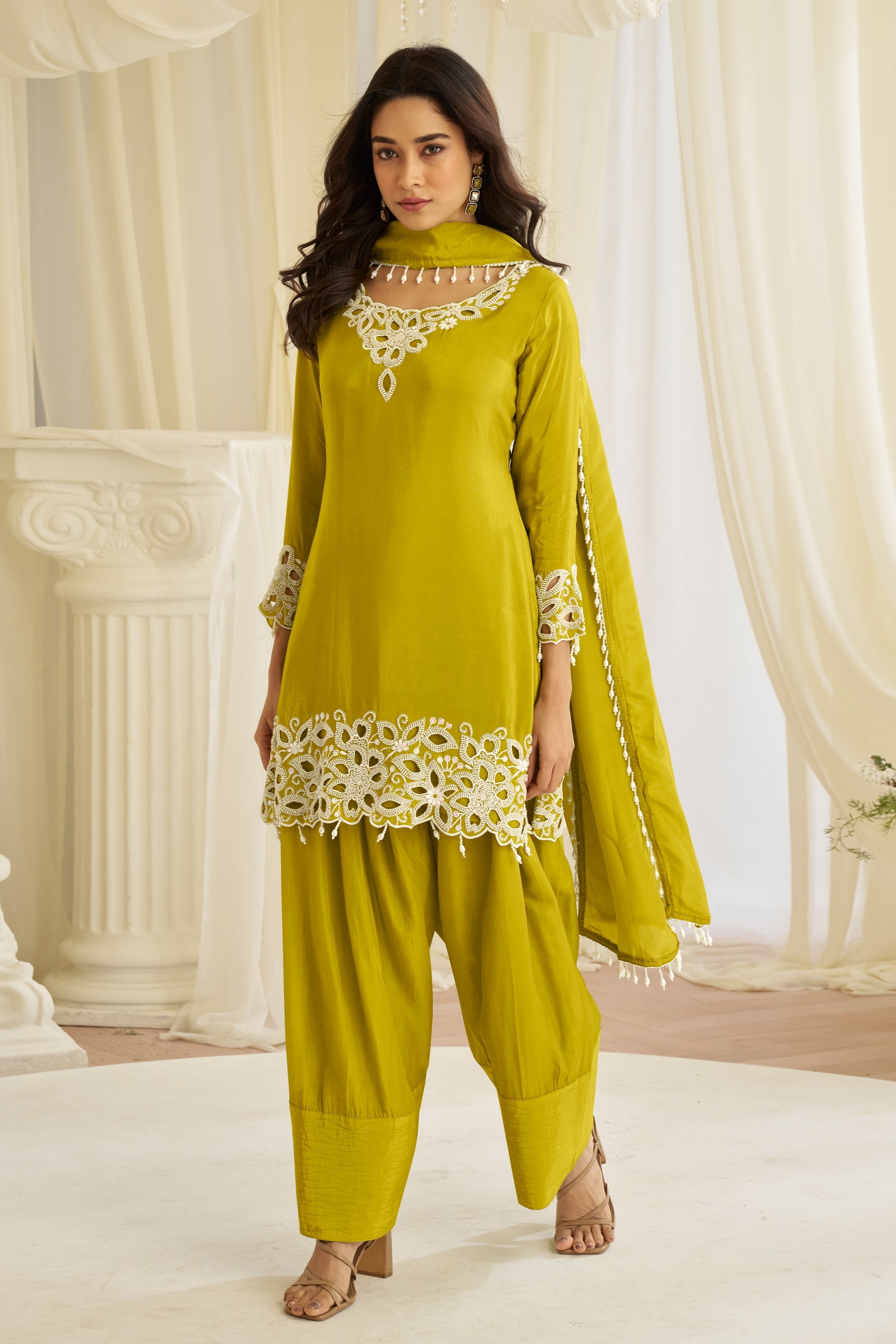Lime Green Readymade Bead Work Crepe Suit-SAR11622_4_SareeButa.com
