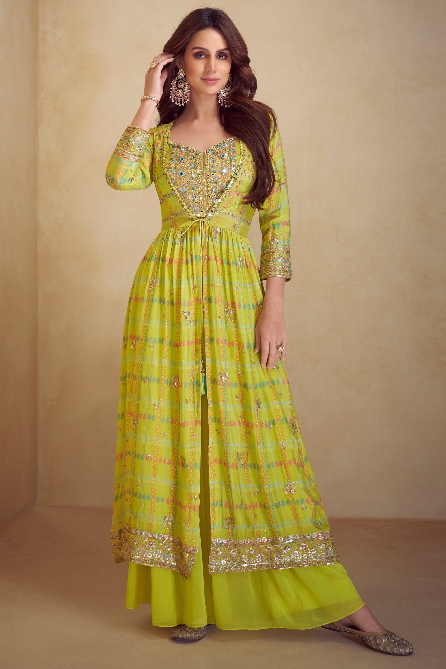 Lime Green Readymade Chinon Palazzo Set-SS777_1_SareeButa.com