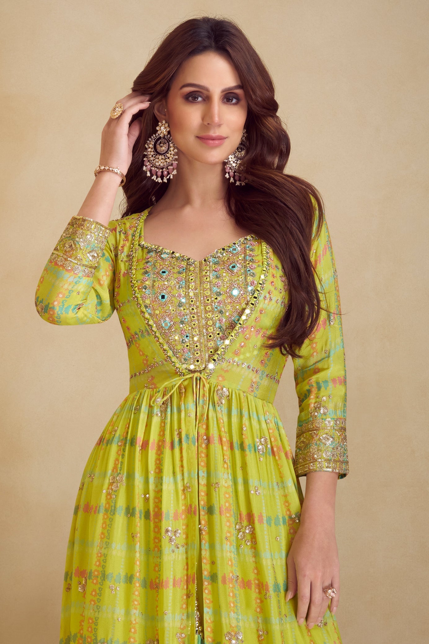 Lime Green Readymade Chinon Palazzo Set-SS777_2_SareeButa.com