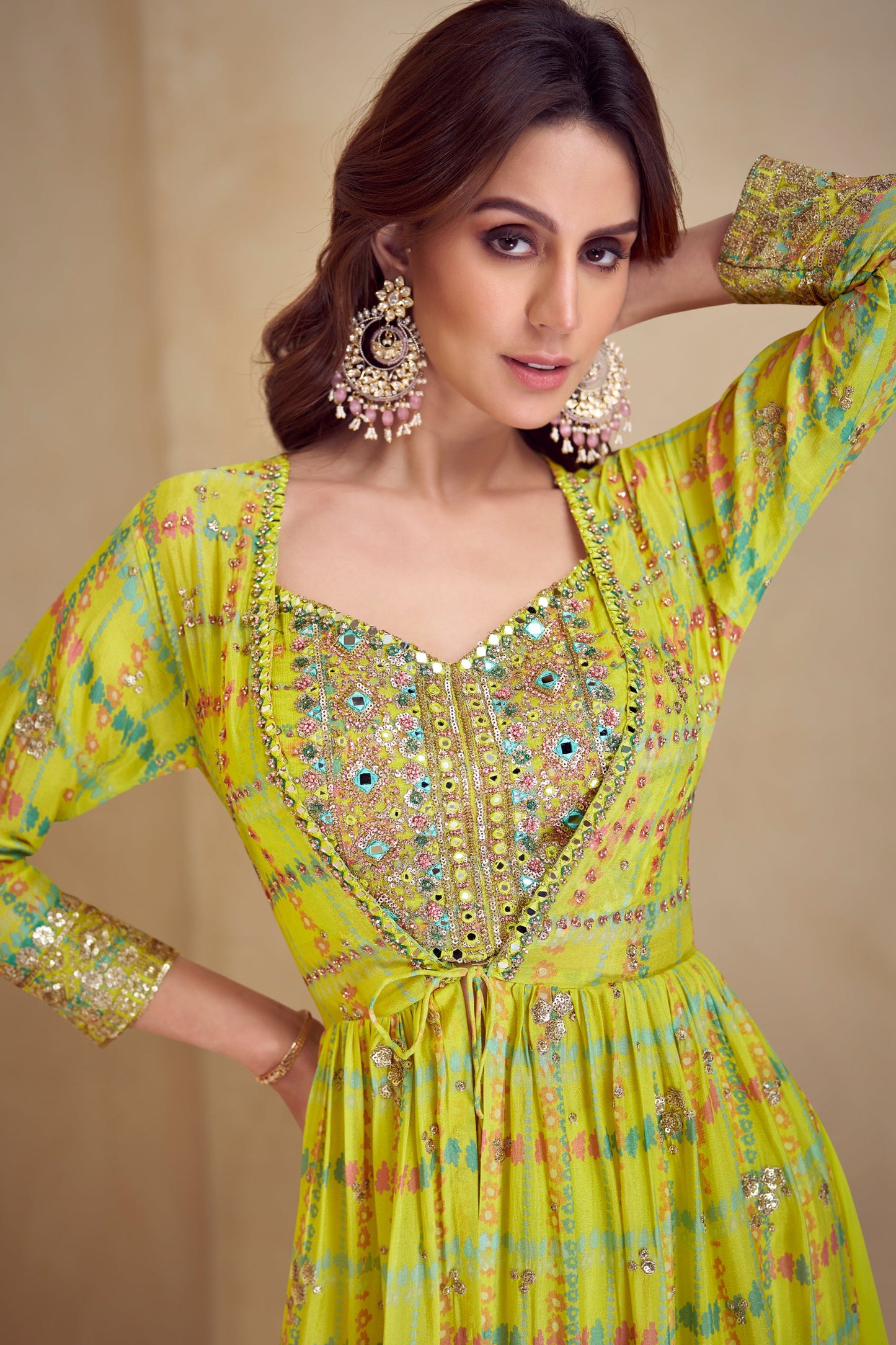 Lime Green Readymade Chinon Palazzo Set-SS777_3_SareeButa.com