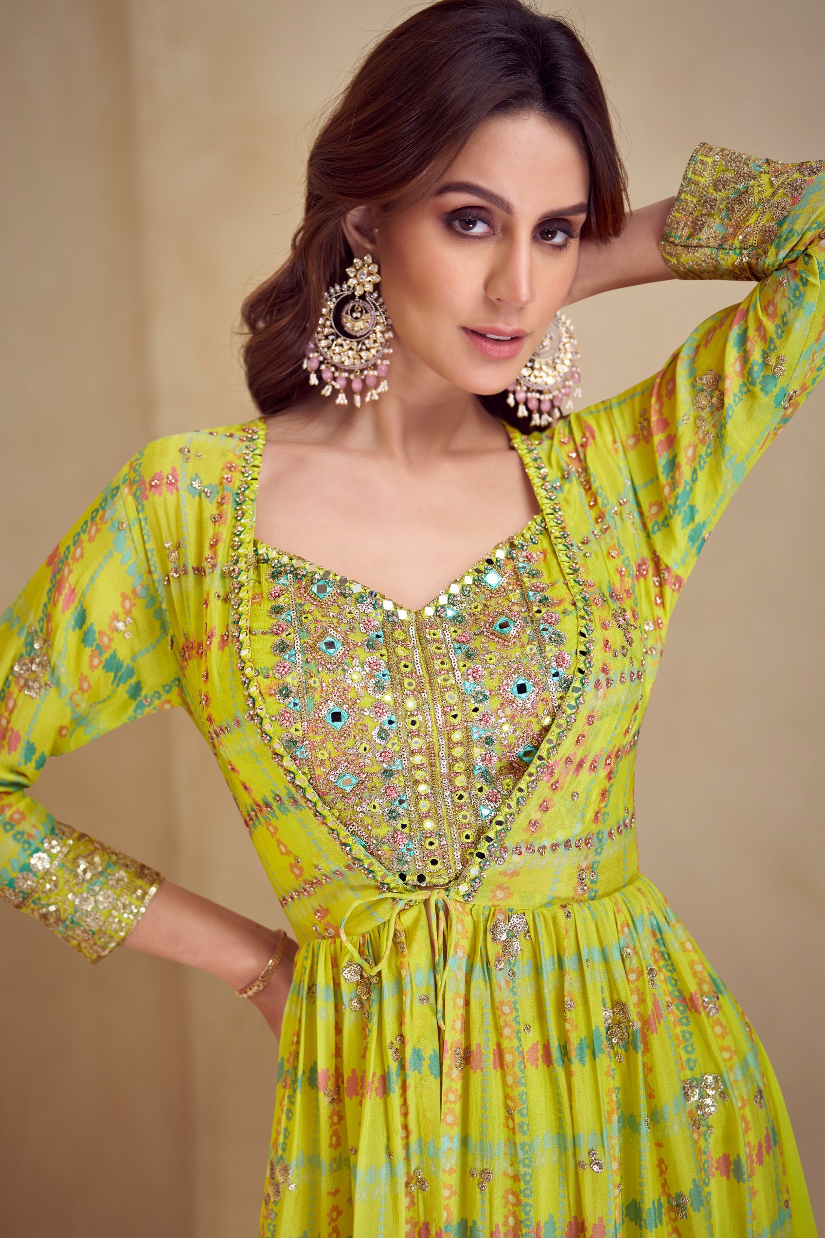 Lime Green Readymade Chinon Palazzo Set-SS777_3_SareeButa.com