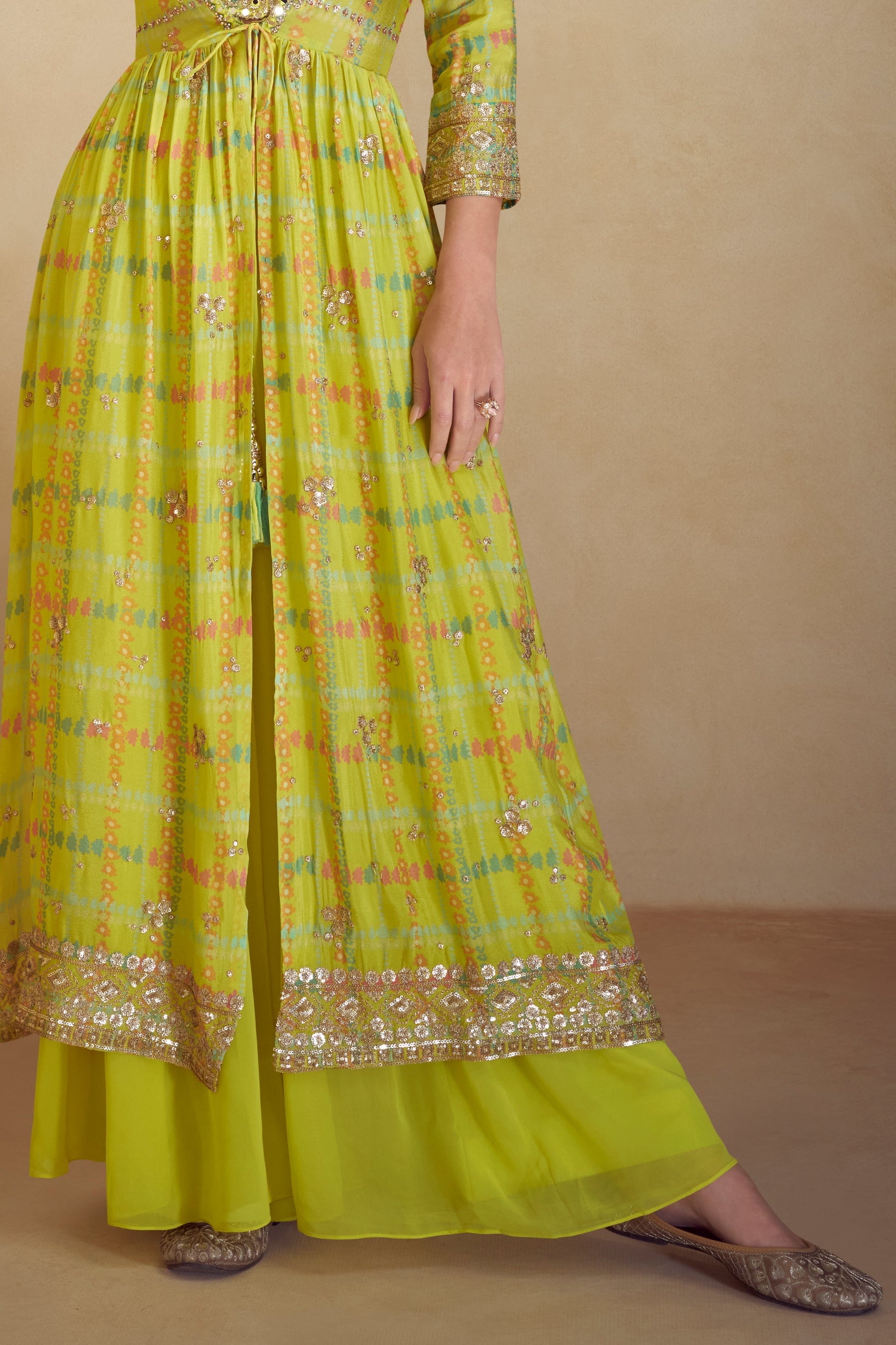 Lime Green Readymade Chinon Palazzo Set-SS777_4_SareeButa.com