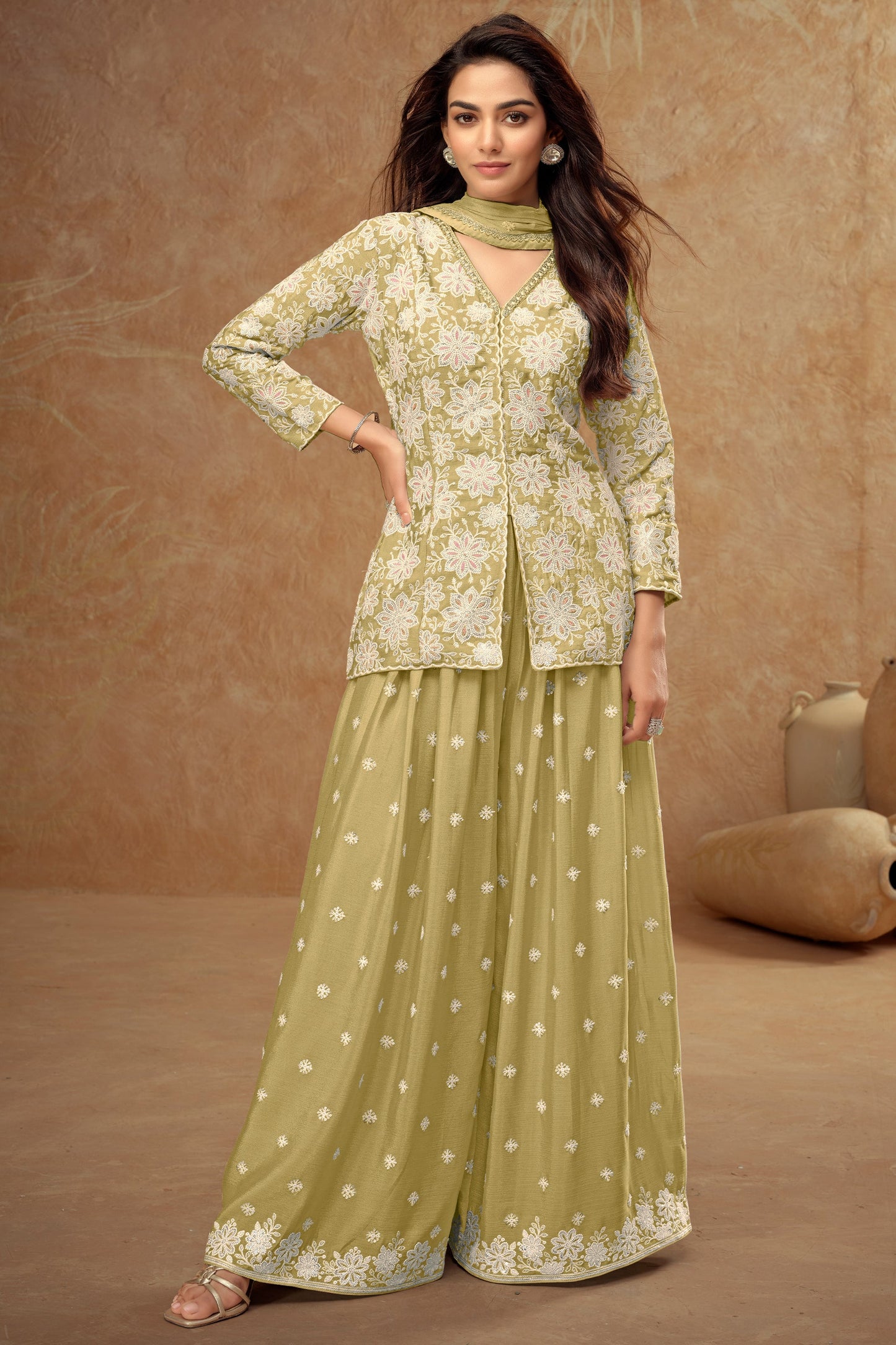 Lime Green Readymade Embroidered Chinon Palazzo Suit-SAR10804_1_SareeButa.com