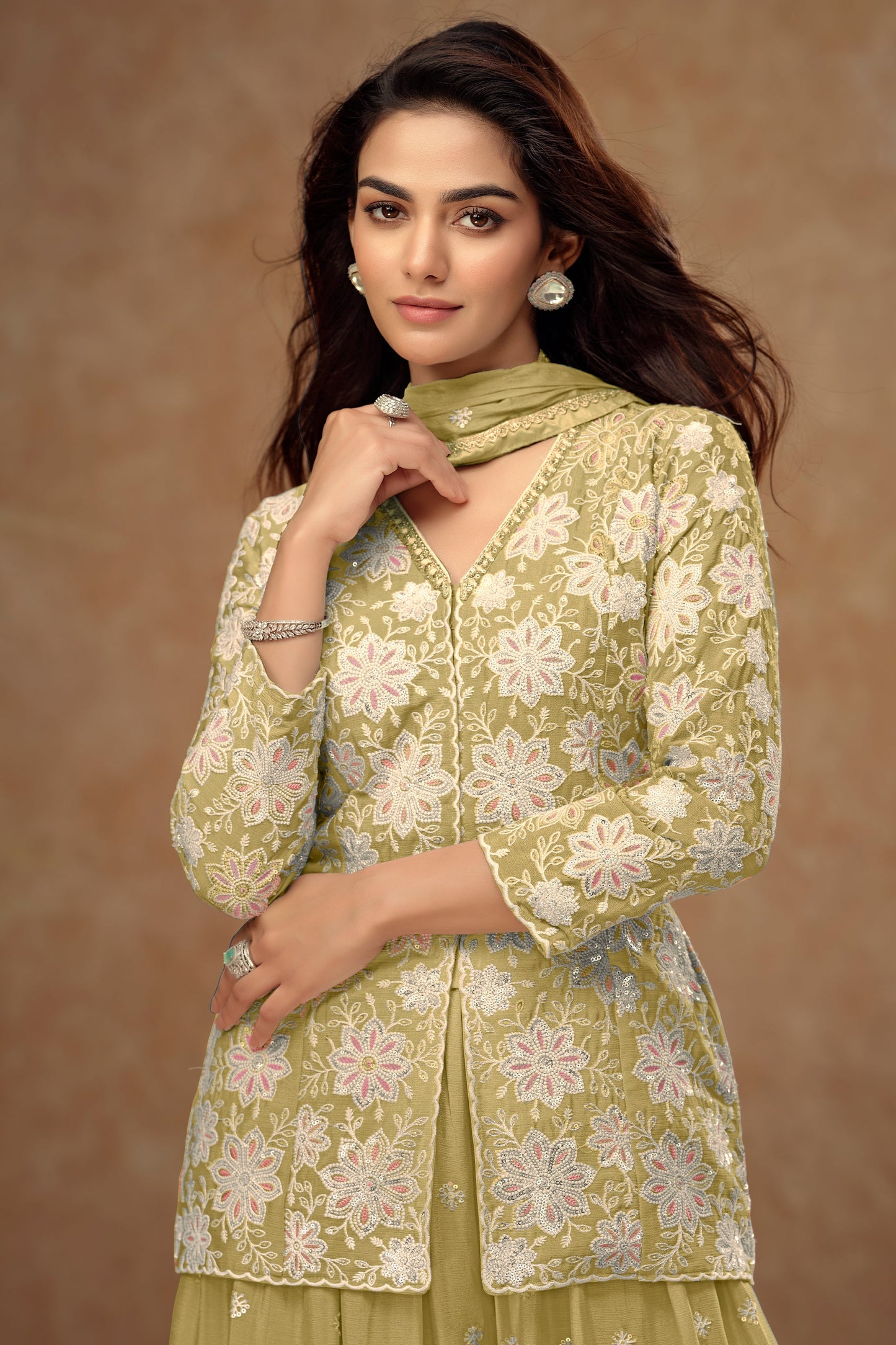 Lime Green Readymade Embroidered Chinon Palazzo Suit-SAR10804_2_SareeButa.com