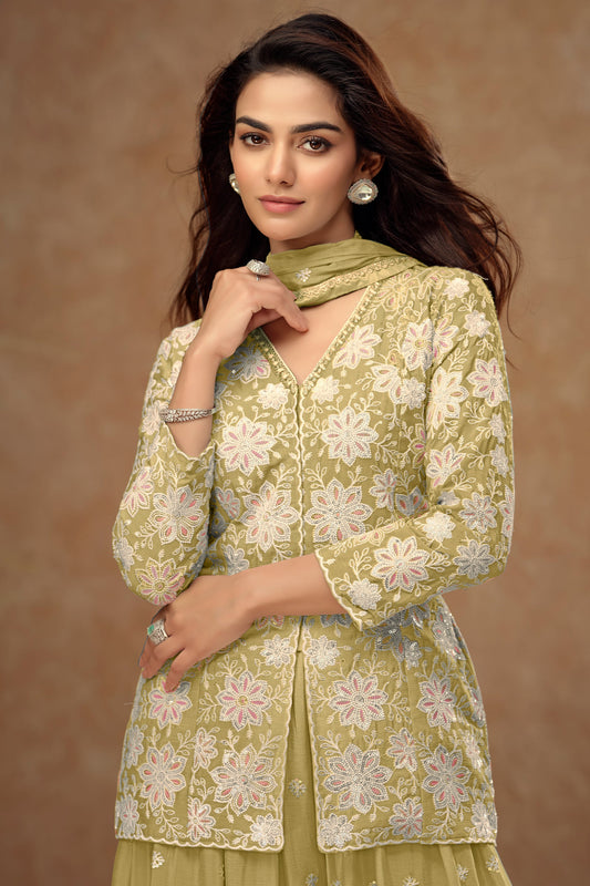 Lime Green Readymade Embroidered Chinon Palazzo Suit-SAR10804_2_SareeButa.com