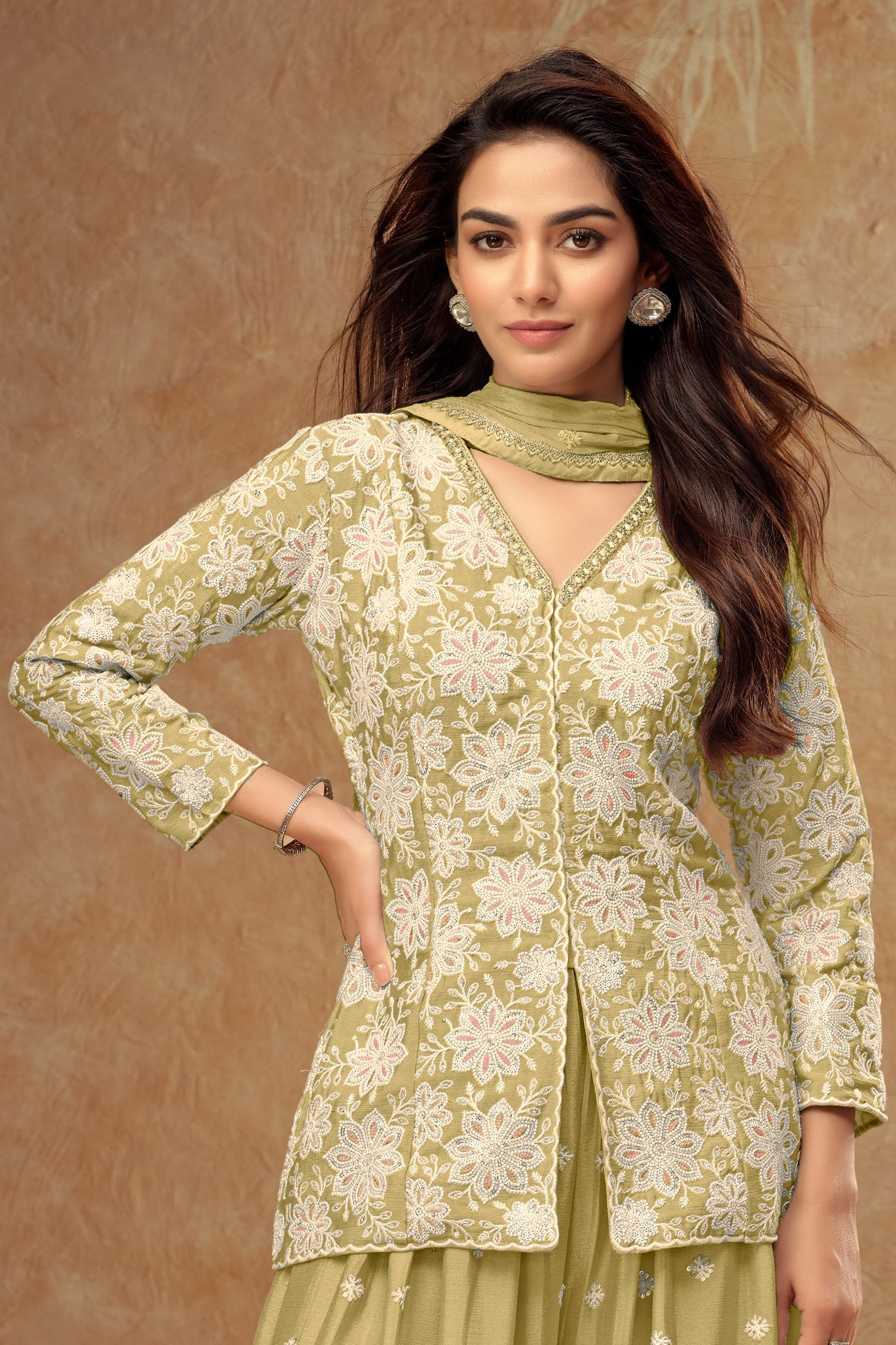 Lime Green Readymade Embroidered Chinon Palazzo Suit-SAR10804_3_SareeButa.com
