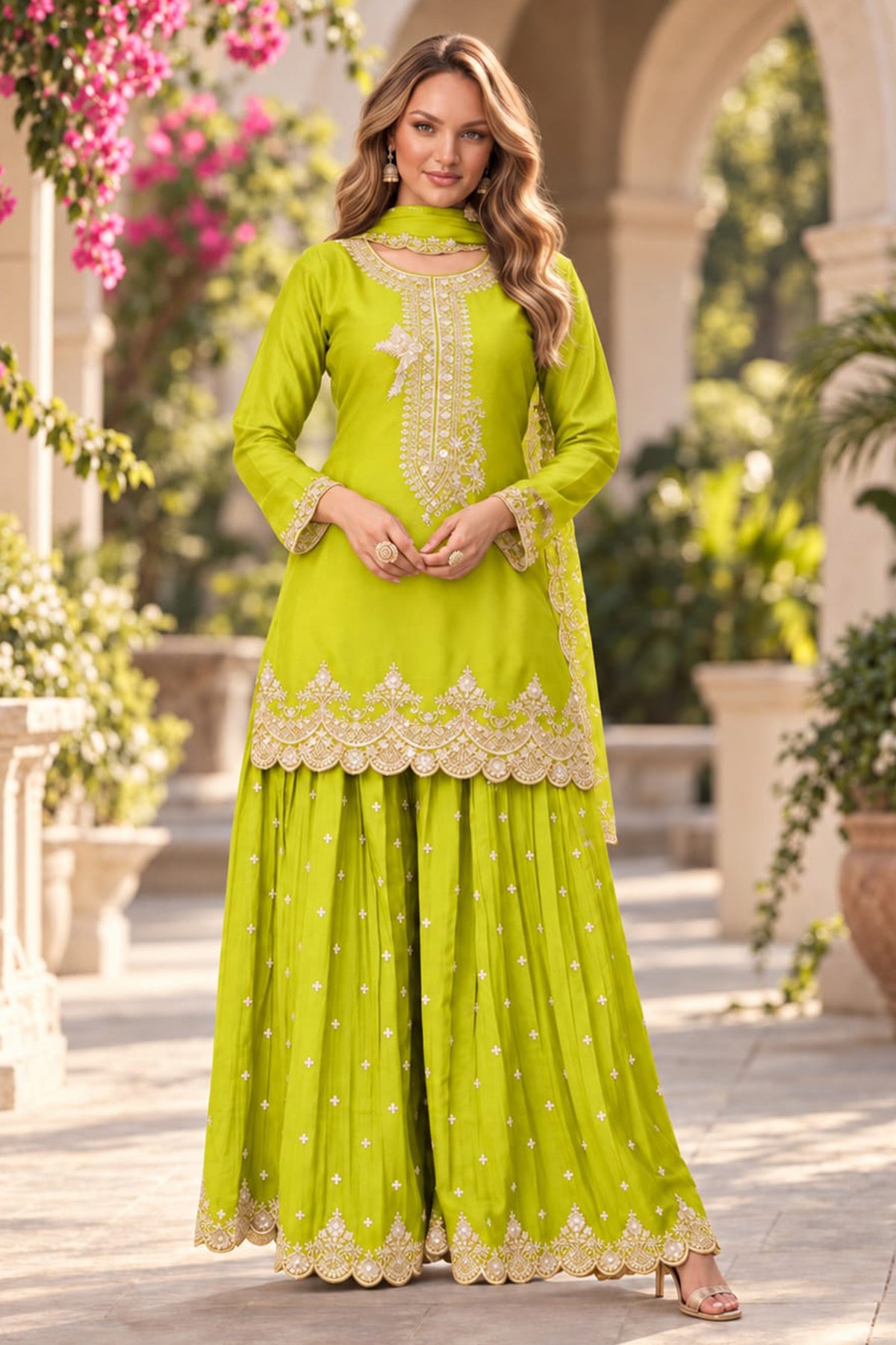 Lime Green Readymade Embroidered Chinon Palazzo Suit-SAR13344_1_SareeButa.com