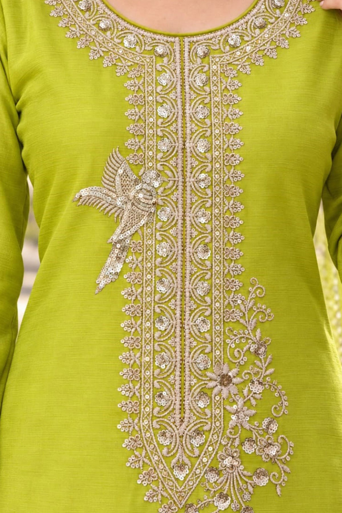Lime Green Readymade Embroidered Chinon Palazzo Suit-SAR13344_2_SareeButa.com