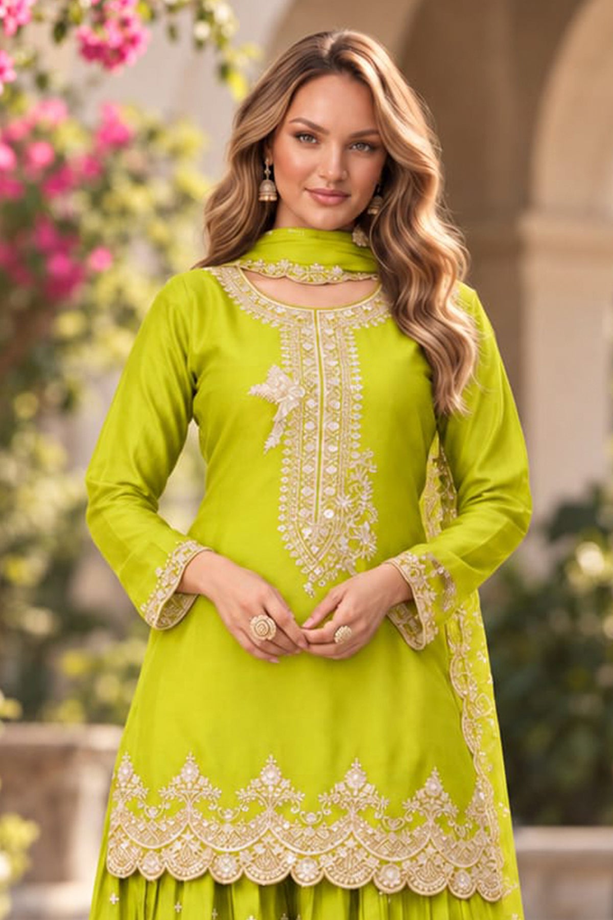 Lime Green Readymade Embroidered Chinon Palazzo Suit-SAR13344_5_SareeButa.com