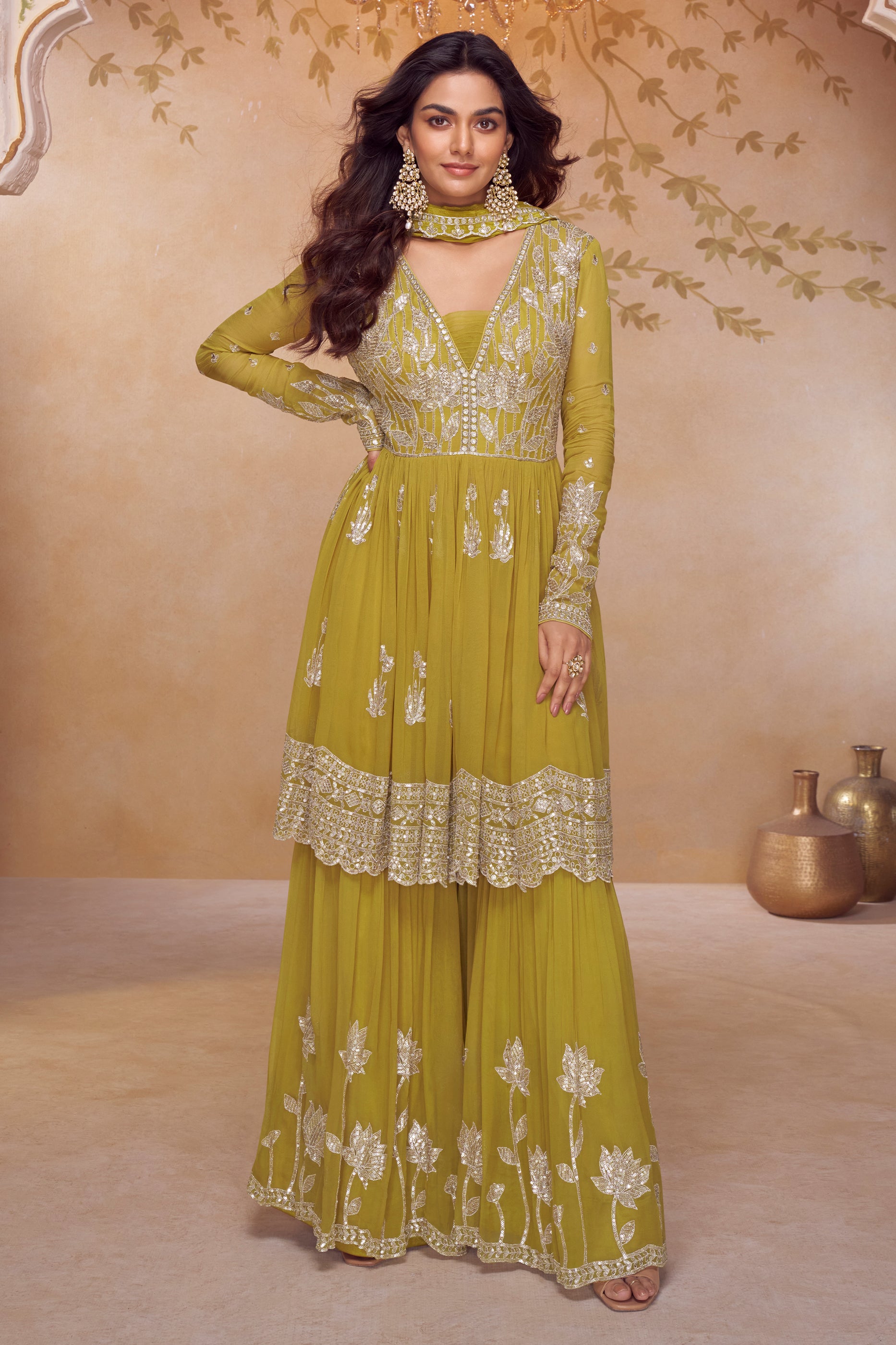 Lime Green Readymade Embroidered Chinon Suit-SAR12198_1_SareeButa.com