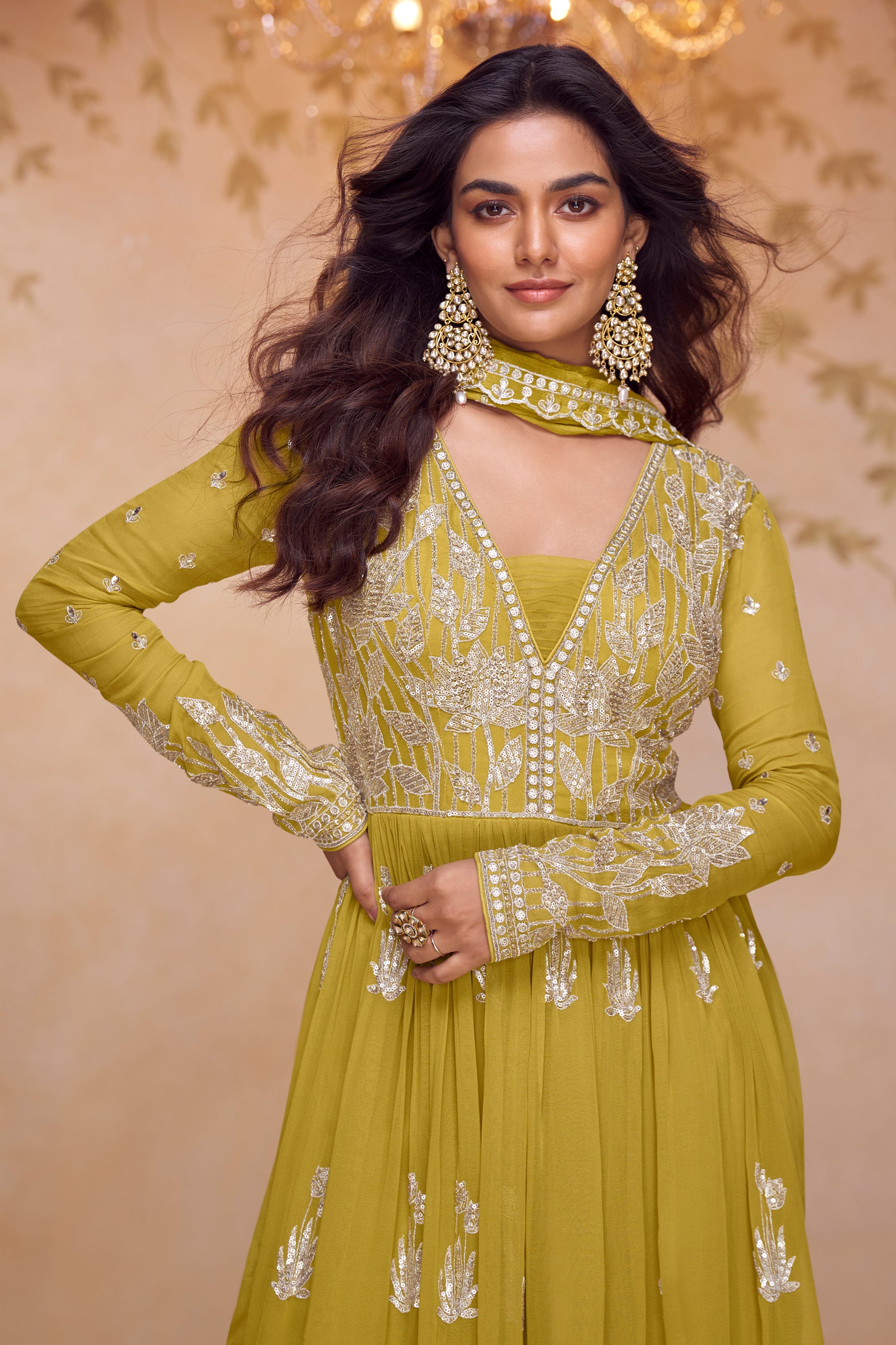 Lime Green Readymade Embroidered Chinon Suit-SAR12198_2_SareeButa.com