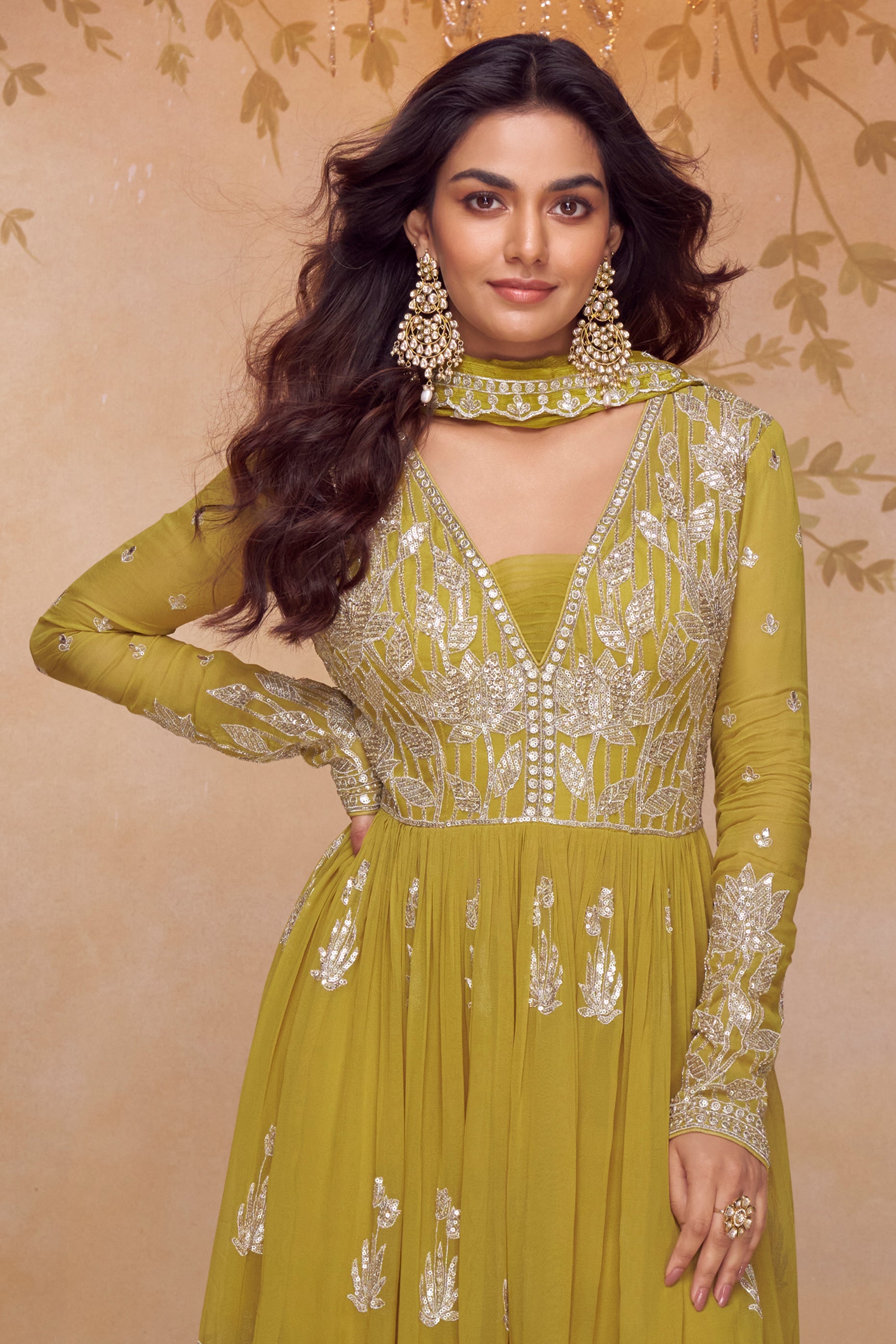Lime Green Readymade Embroidered Chinon Suit-SAR12198_3_SareeButa.com