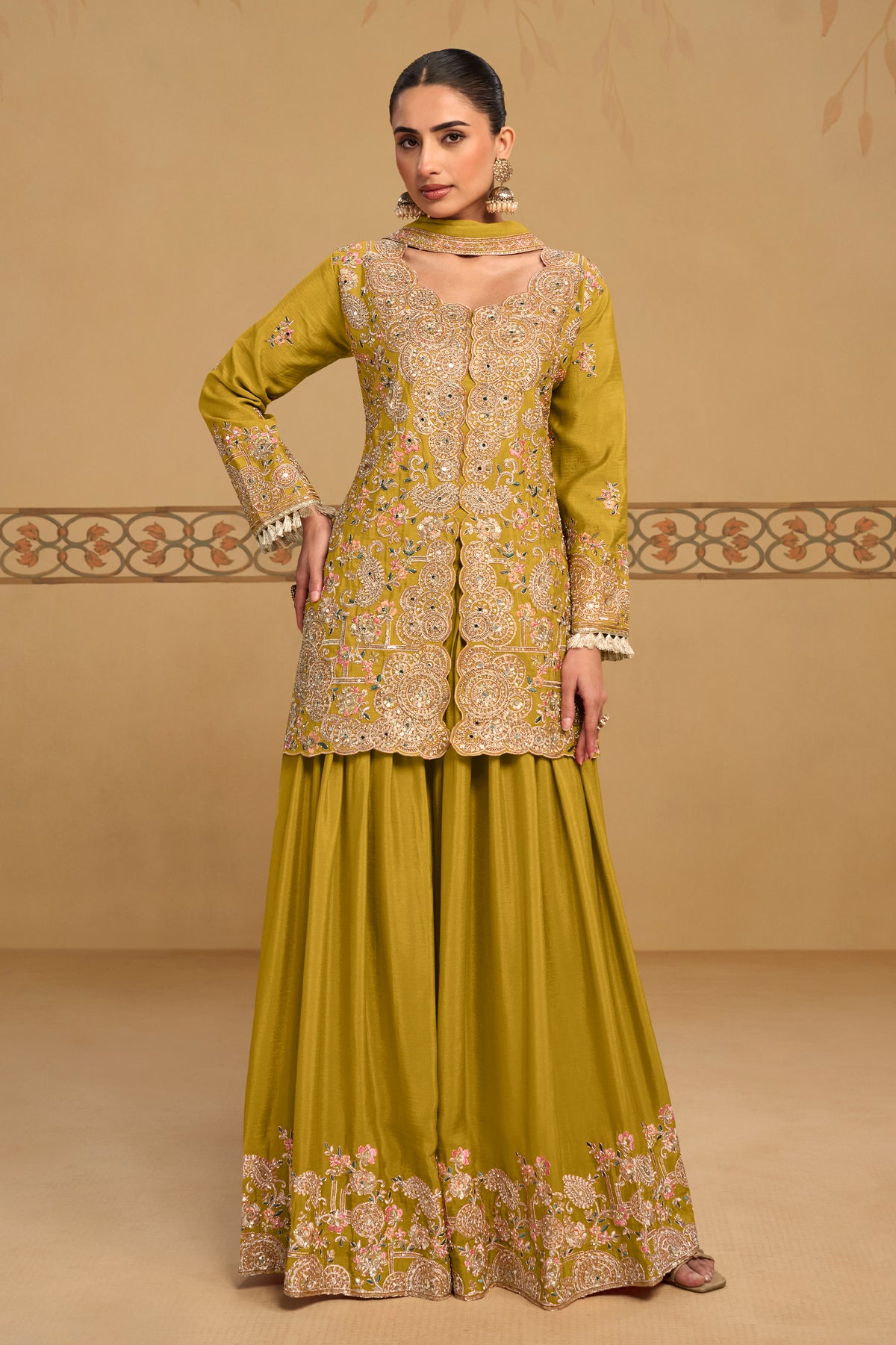 Lime Green Readymade Embroidered Chinon Suit-SAR13560_1_SareeButa.com