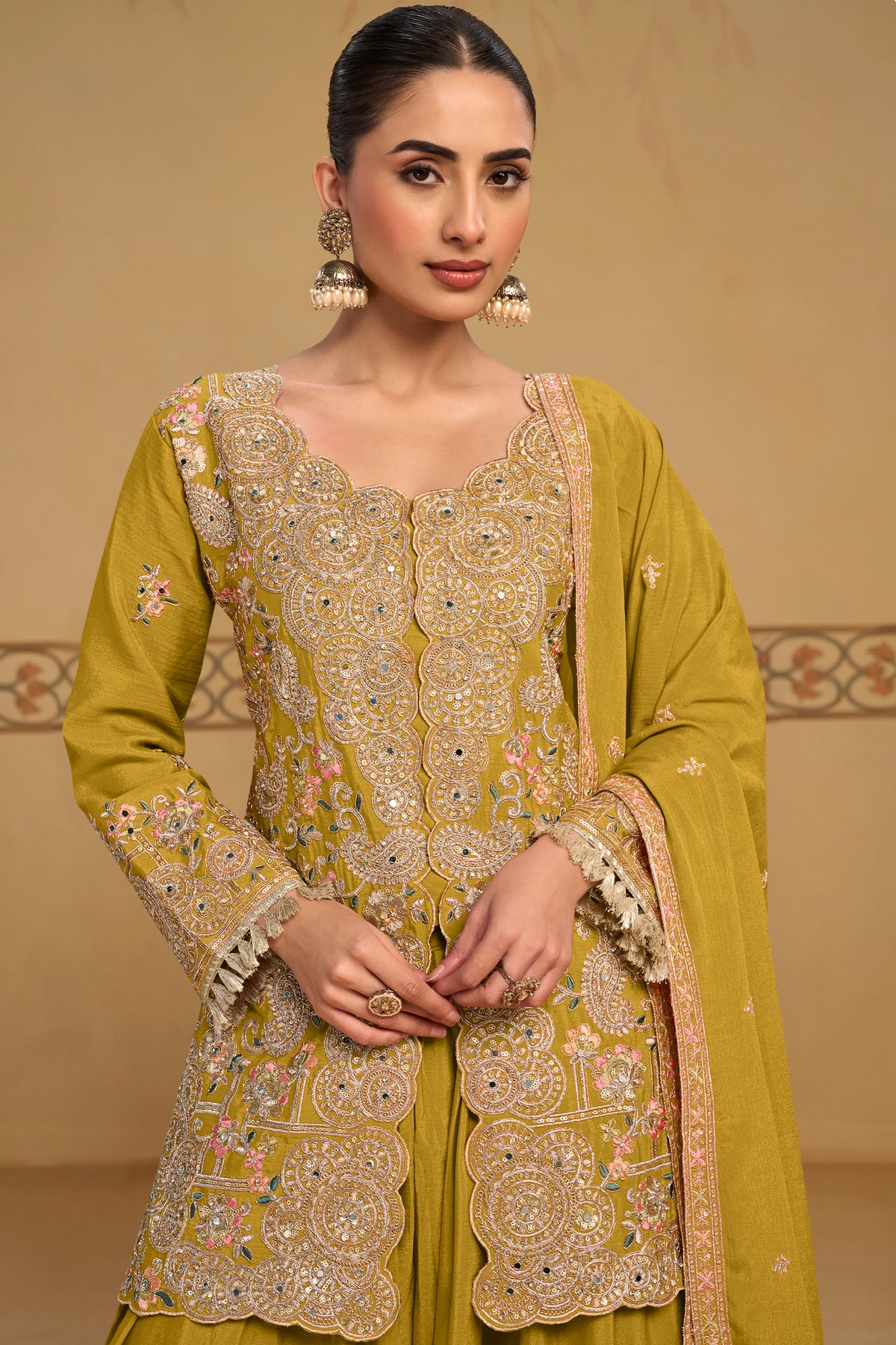 Lime Green Readymade Embroidered Chinon Suit-SAR13560_2_SareeButa.com