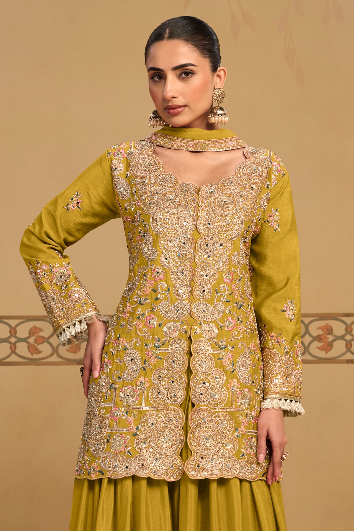 Lime Green Readymade Embroidered Chinon Suit-SAR13560_3_SareeButa.com