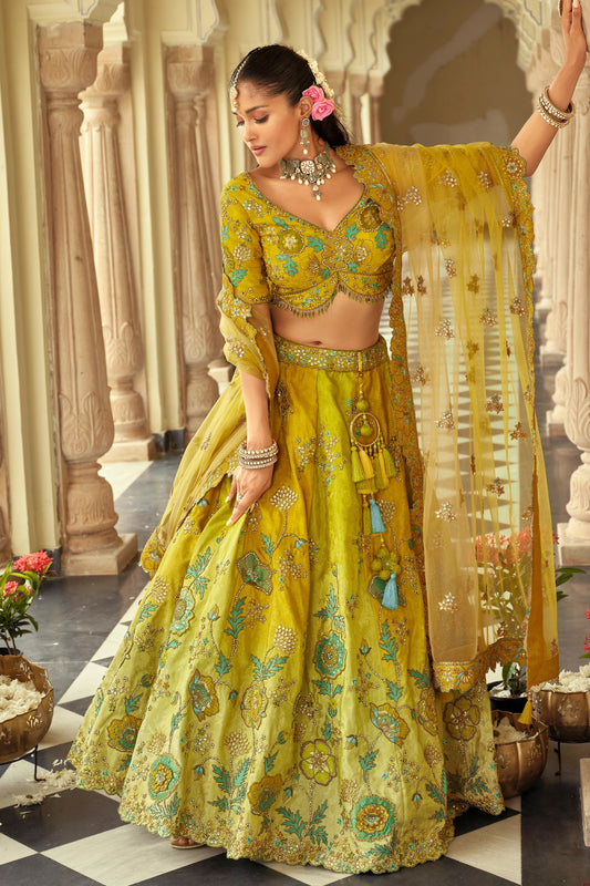 Lime Green Readymade Embroidered Silk Lehenga-SAR10908_1_SareeButa.com