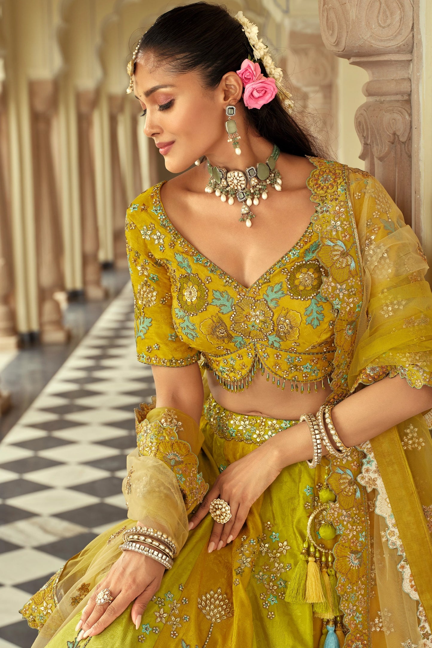 Lime Green Readymade Embroidered Silk Lehenga-SAR10908_2_SareeButa.com