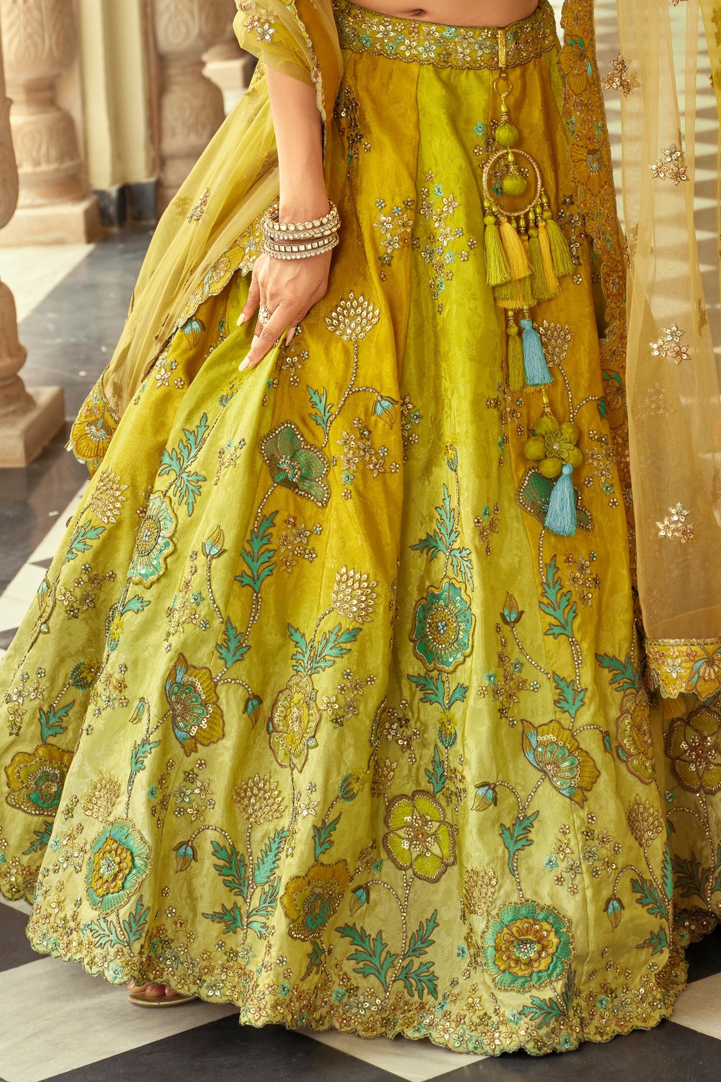 Lime Green Readymade Embroidered Silk Lehenga-SAR10908_4_SareeButa.com
