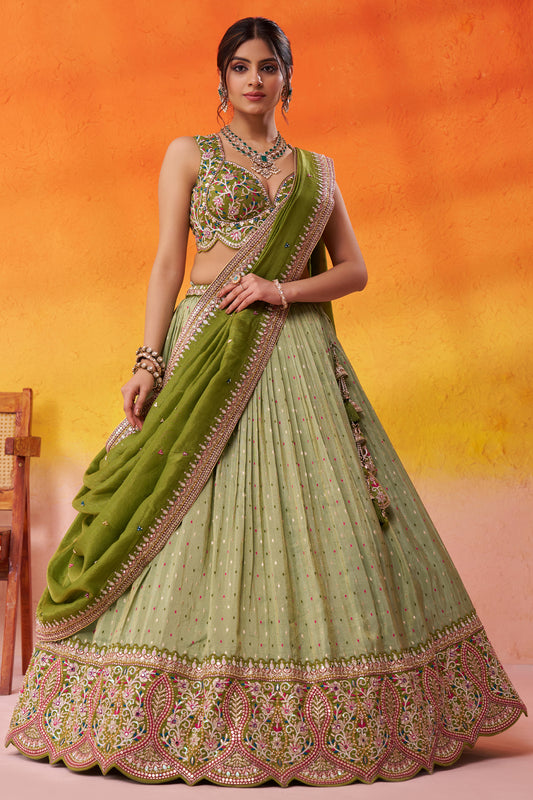 Lime Green Readymade Embroidered Tissue Lehenga-SAR12886_1_SareeButa.com