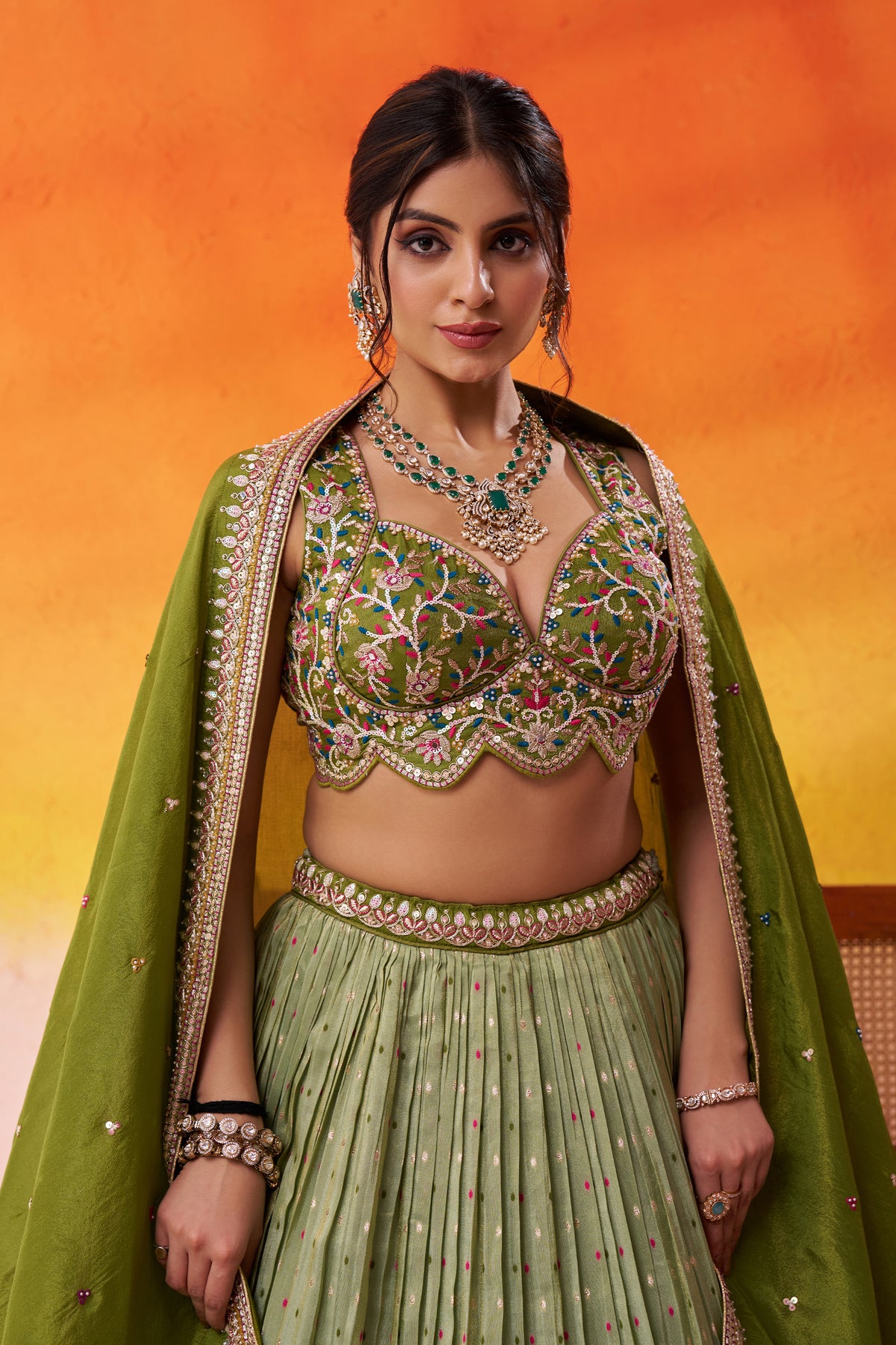 Lime Green Readymade Embroidered Tissue Lehenga-SAR12886_2_SareeButa.com
