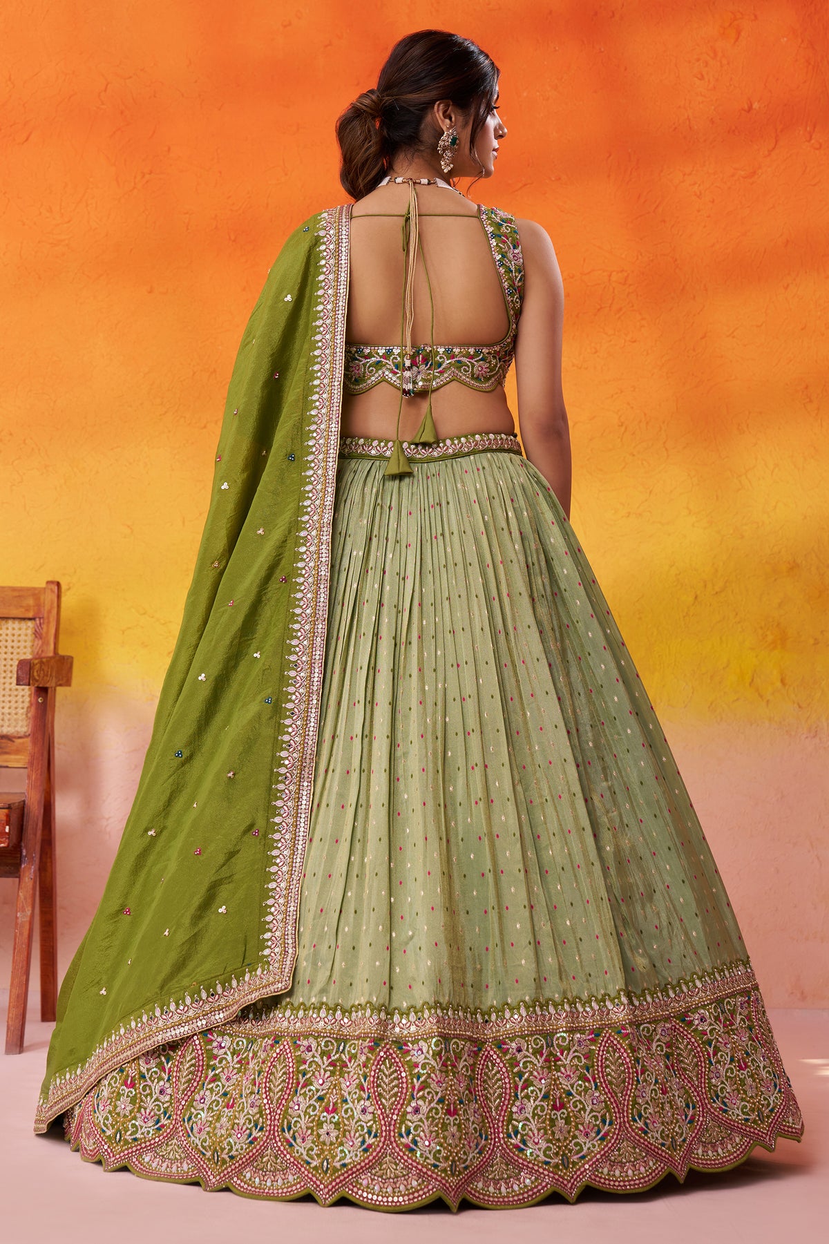 Lime Green Readymade Embroidered Tissue Lehenga-SAR12886_3_SareeButa.com