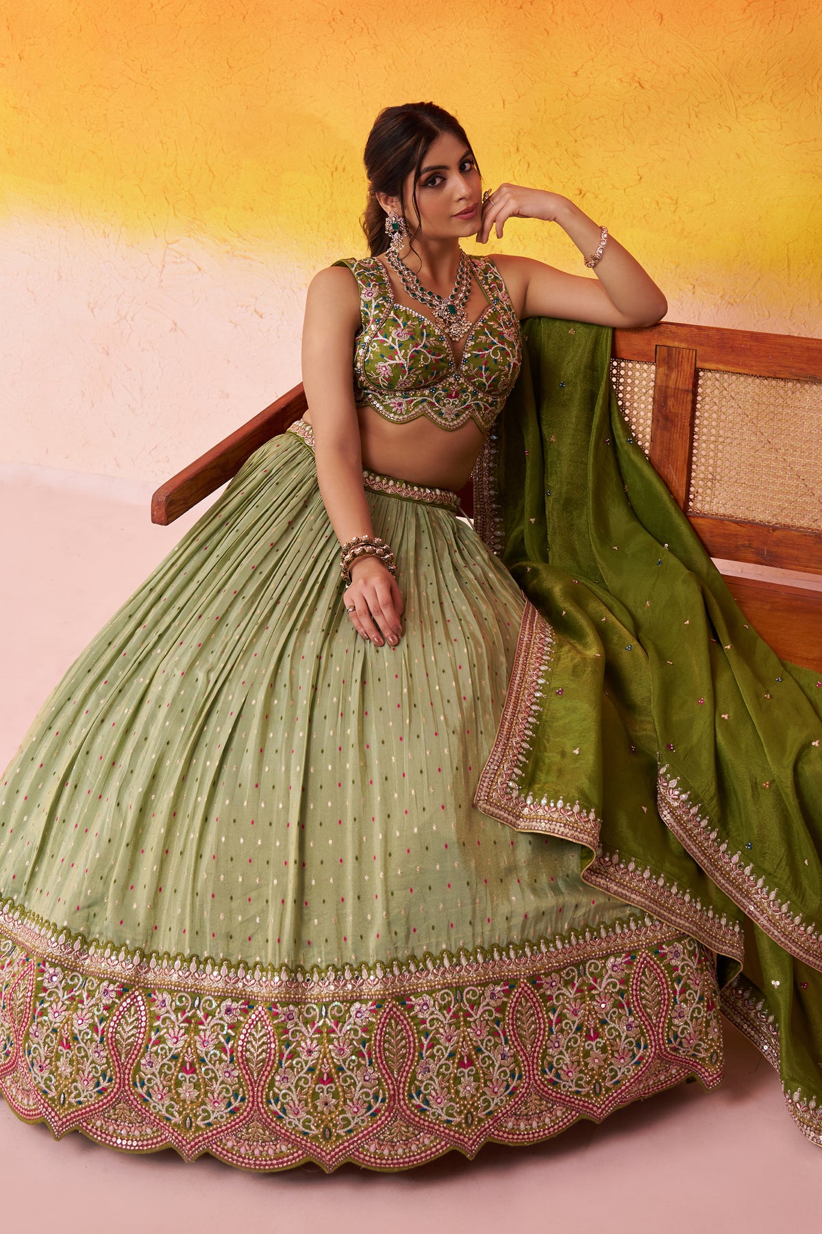 Lime Green Readymade Embroidered Tissue Lehenga-SAR12886_4_SareeButa.com