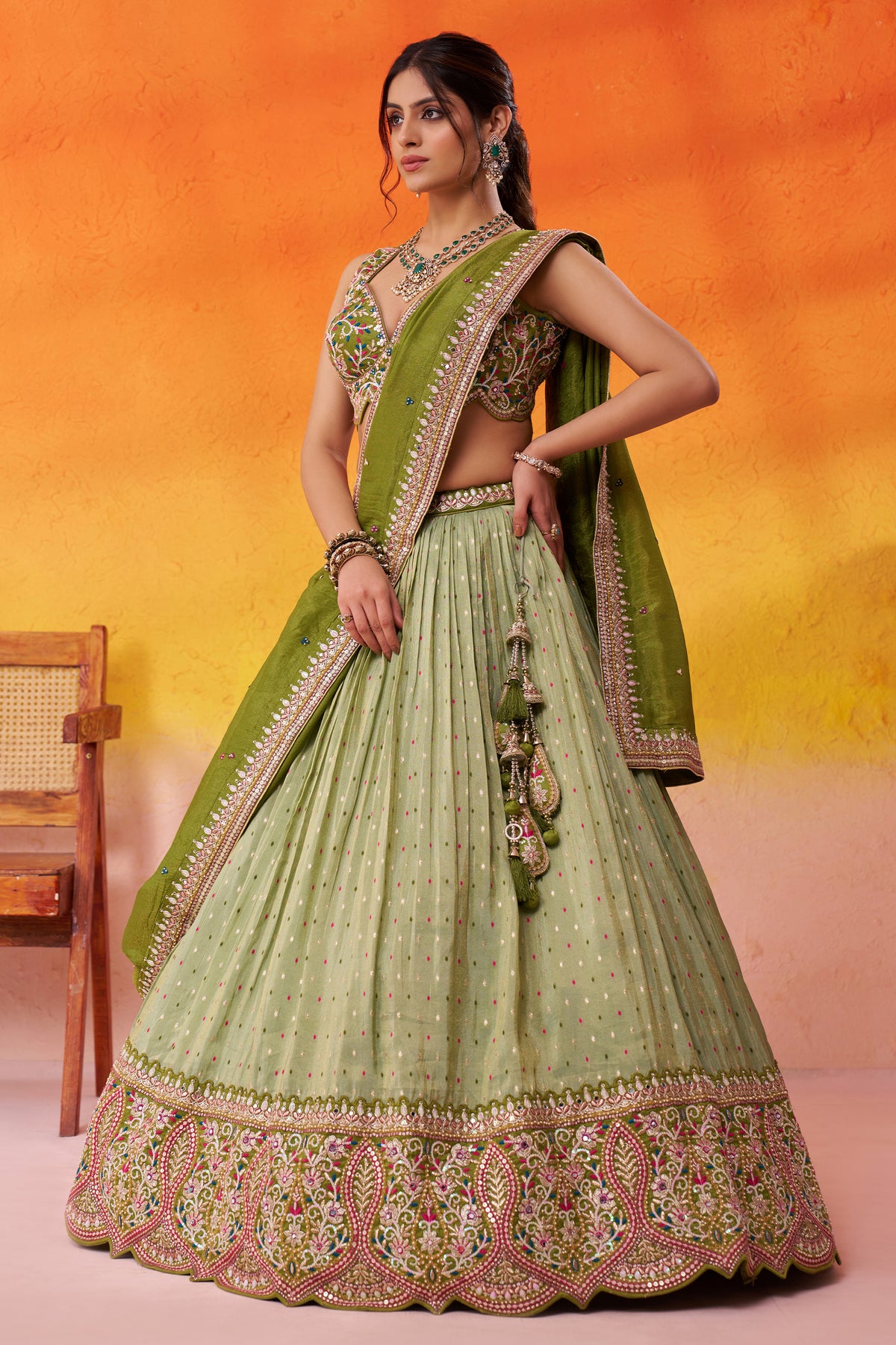 Lime Green Readymade Embroidered Tissue Lehenga-SAR12886_5_SareeButa.com