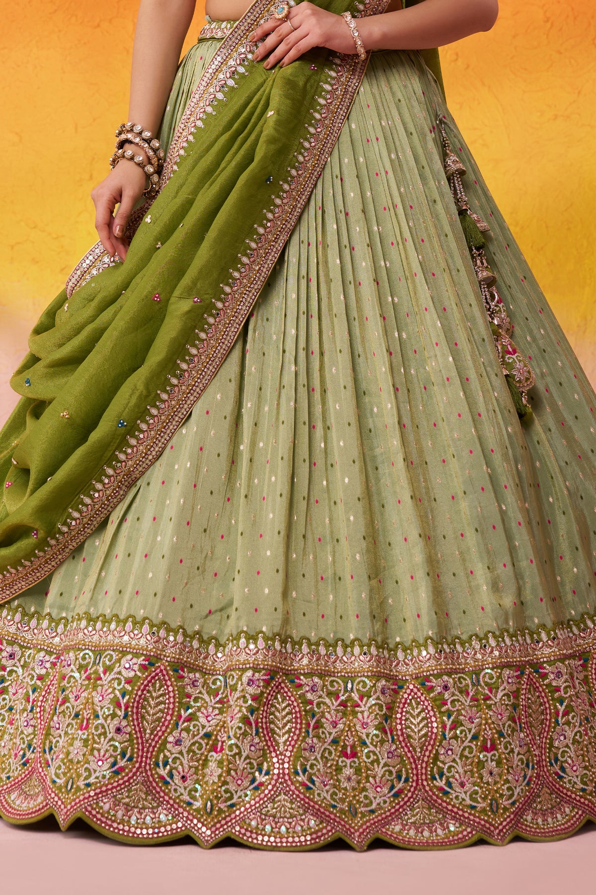 Lime Green Readymade Embroidered Tissue Lehenga-SAR12886_6_SareeButa.com