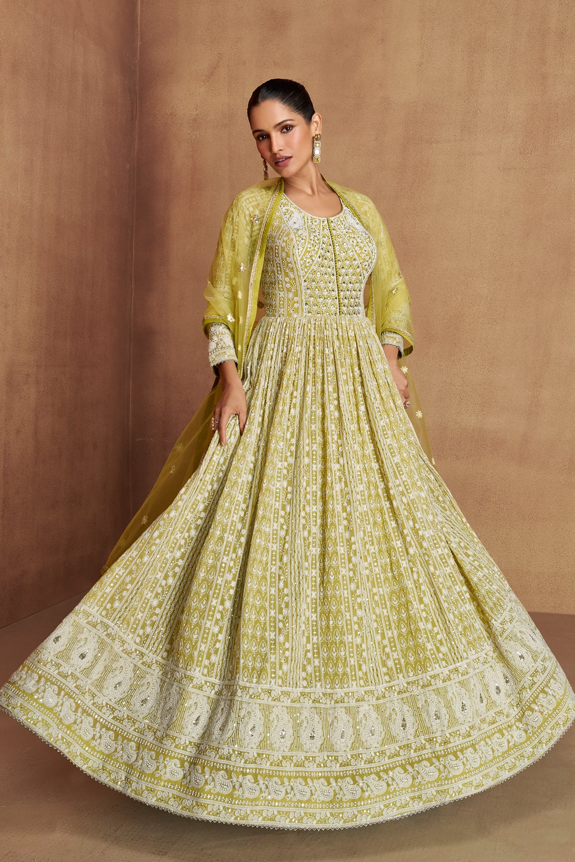 Lime Green Readymade Georgette Gown With Dupatta-SAR11093_3_SareeButa.com