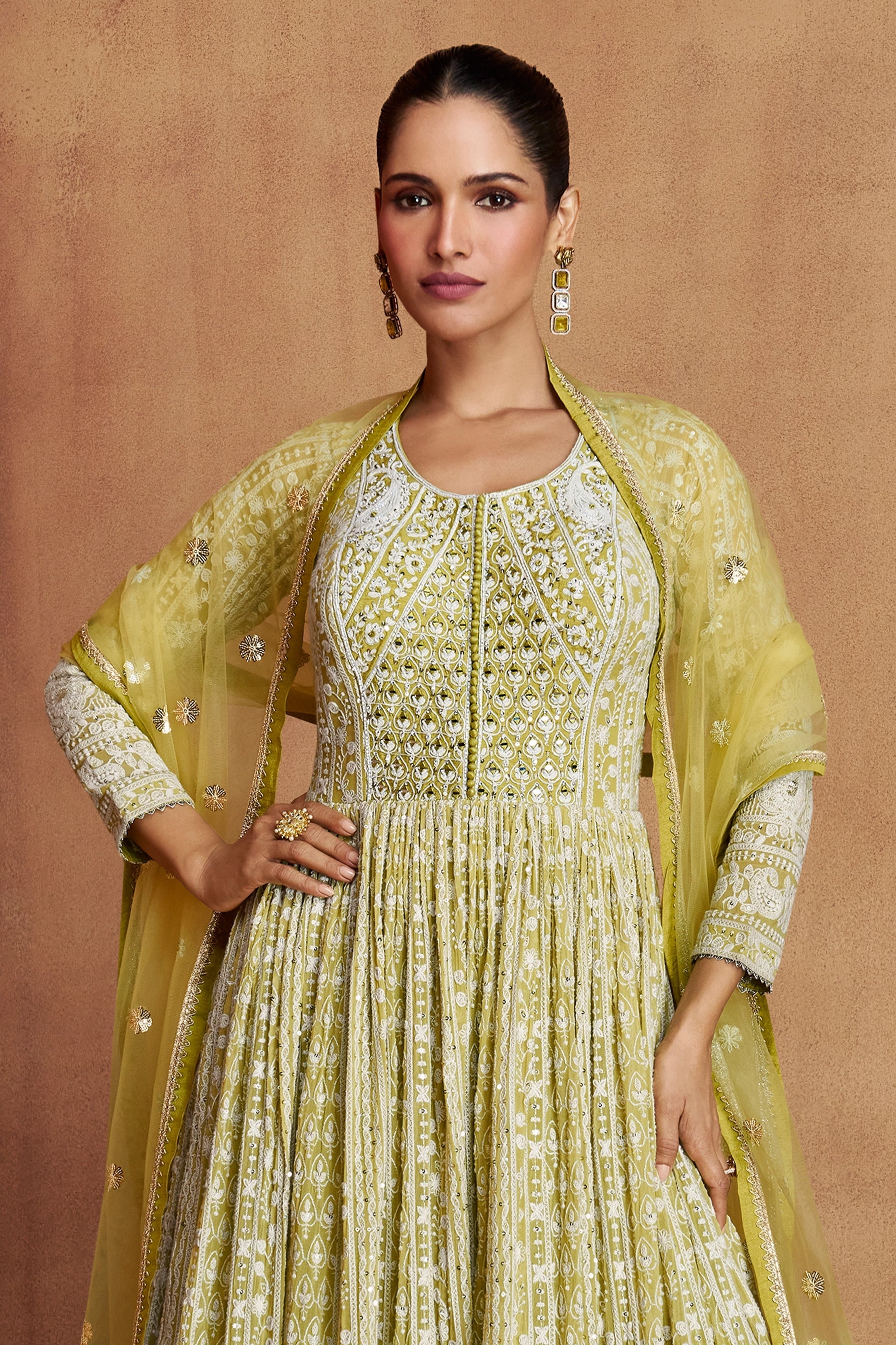 Lime Green Readymade Georgette Gown With Dupatta-SAR11093_4_SareeButa.com