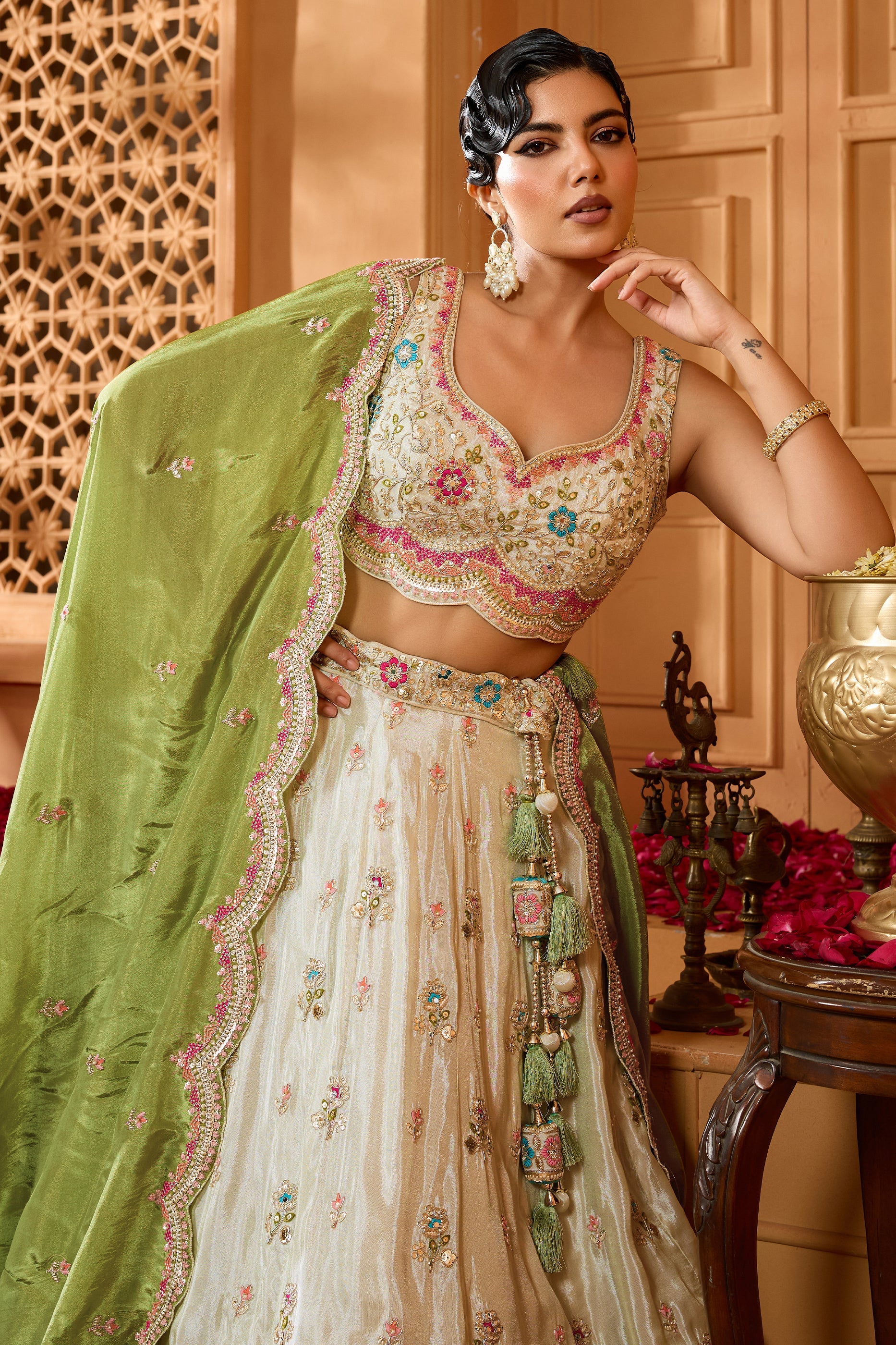 Lime Green Semi-Stitched Embroidered Tissue Lehenga-SAR10685_2_SareeButa.com