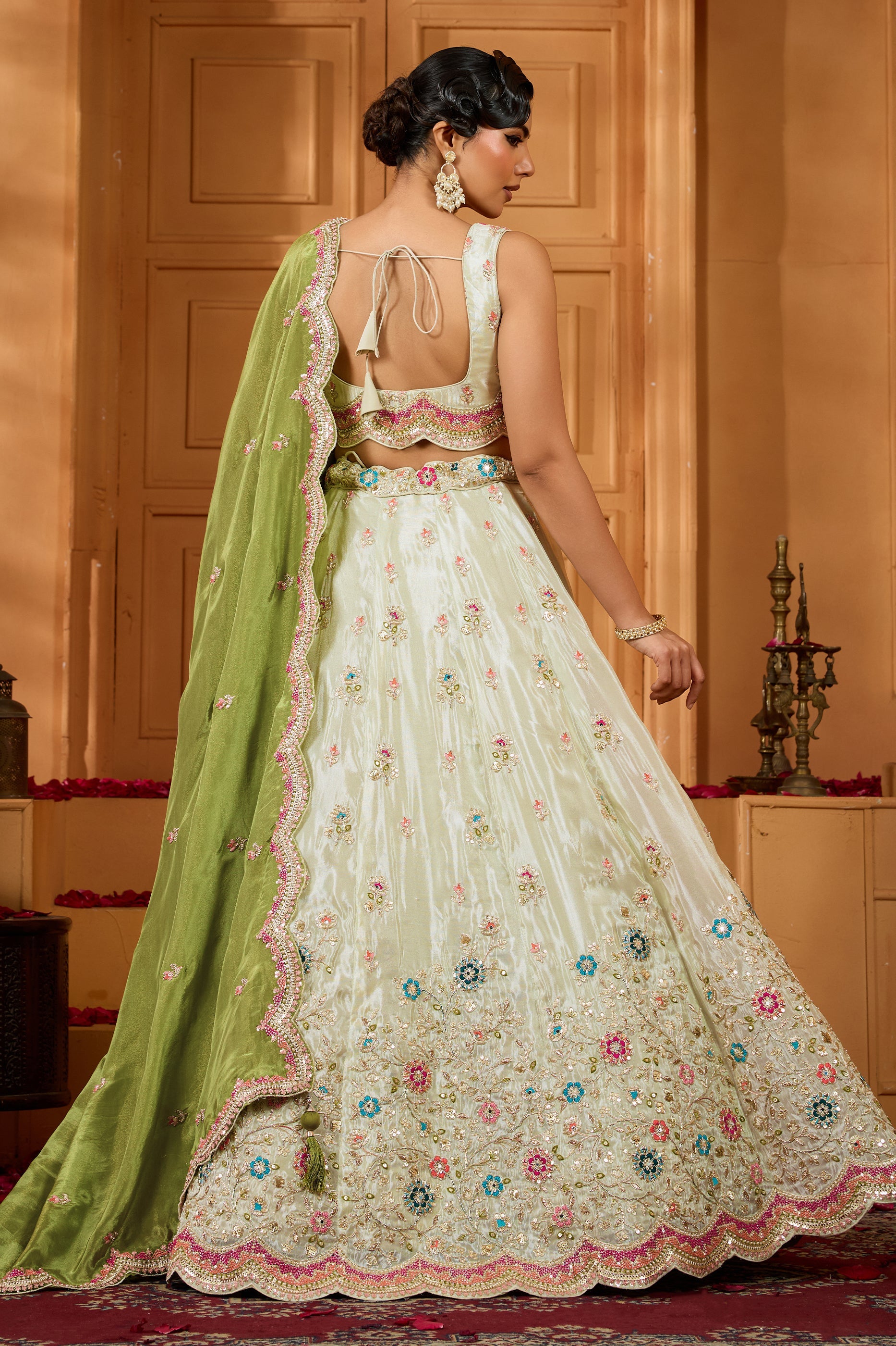 Lime Green Semi-Stitched Embroidered Tissue Lehenga-SAR10685_3_SareeButa.com