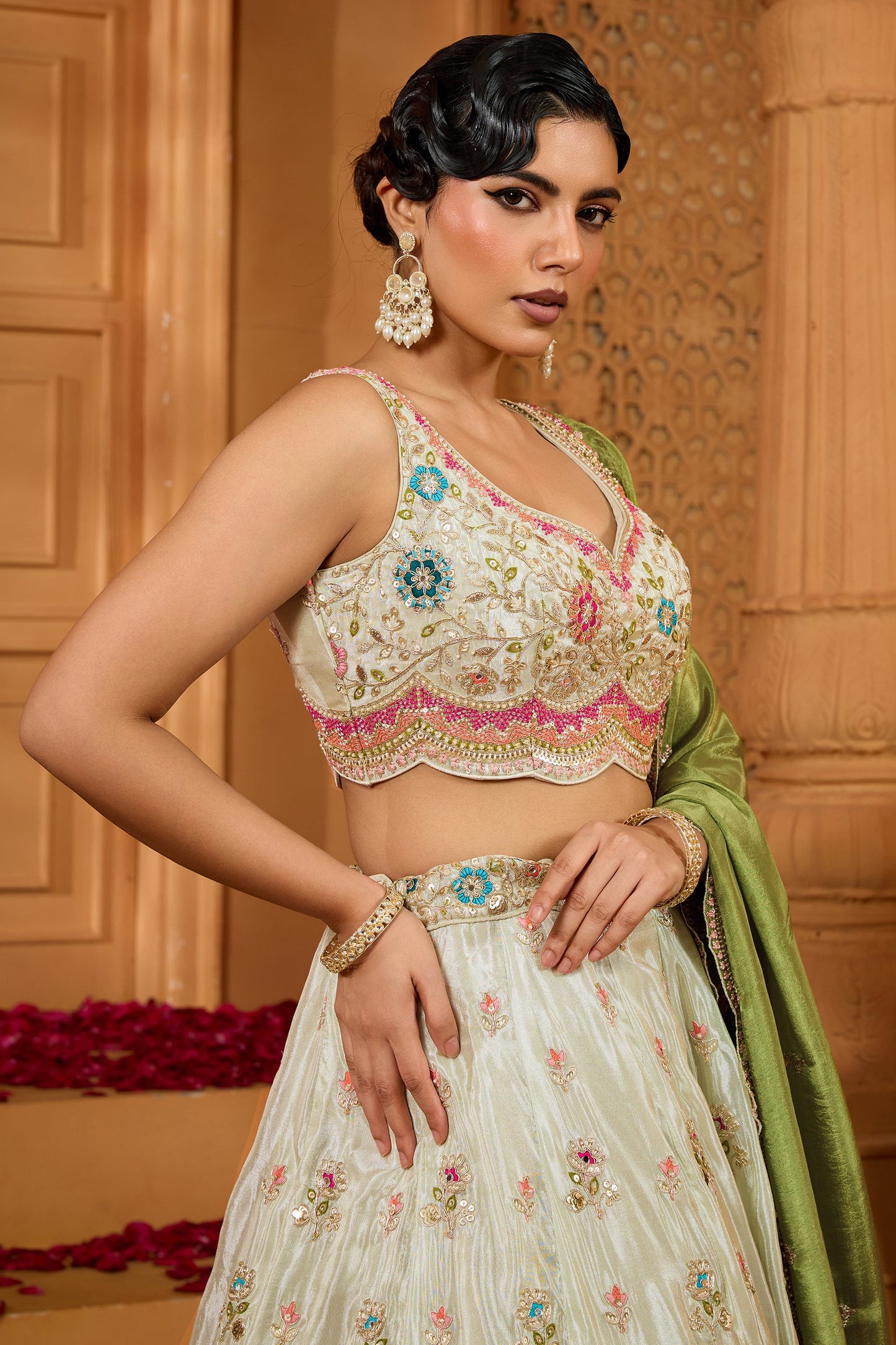 Lime Green Semi-Stitched Embroidered Tissue Lehenga-SAR10685_4_SareeButa.com