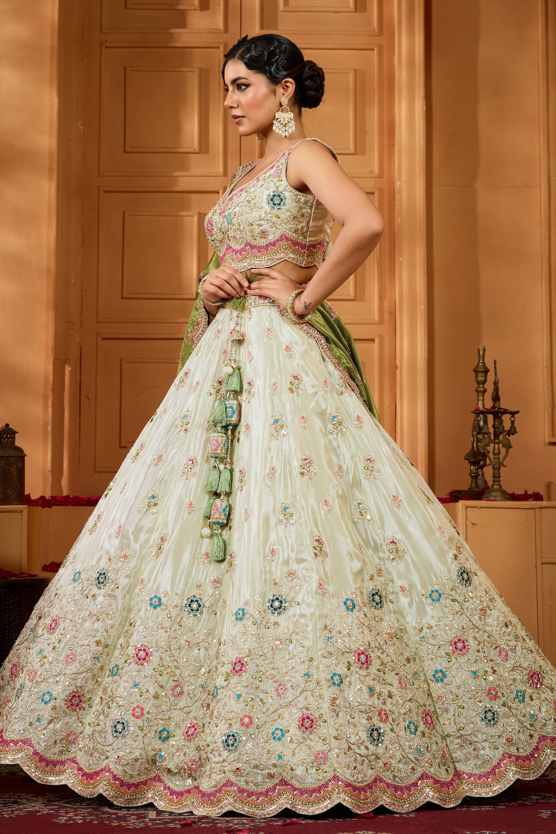 Lime Green Semi-Stitched Embroidered Tissue Lehenga-SAR10685_5_SareeButa.com