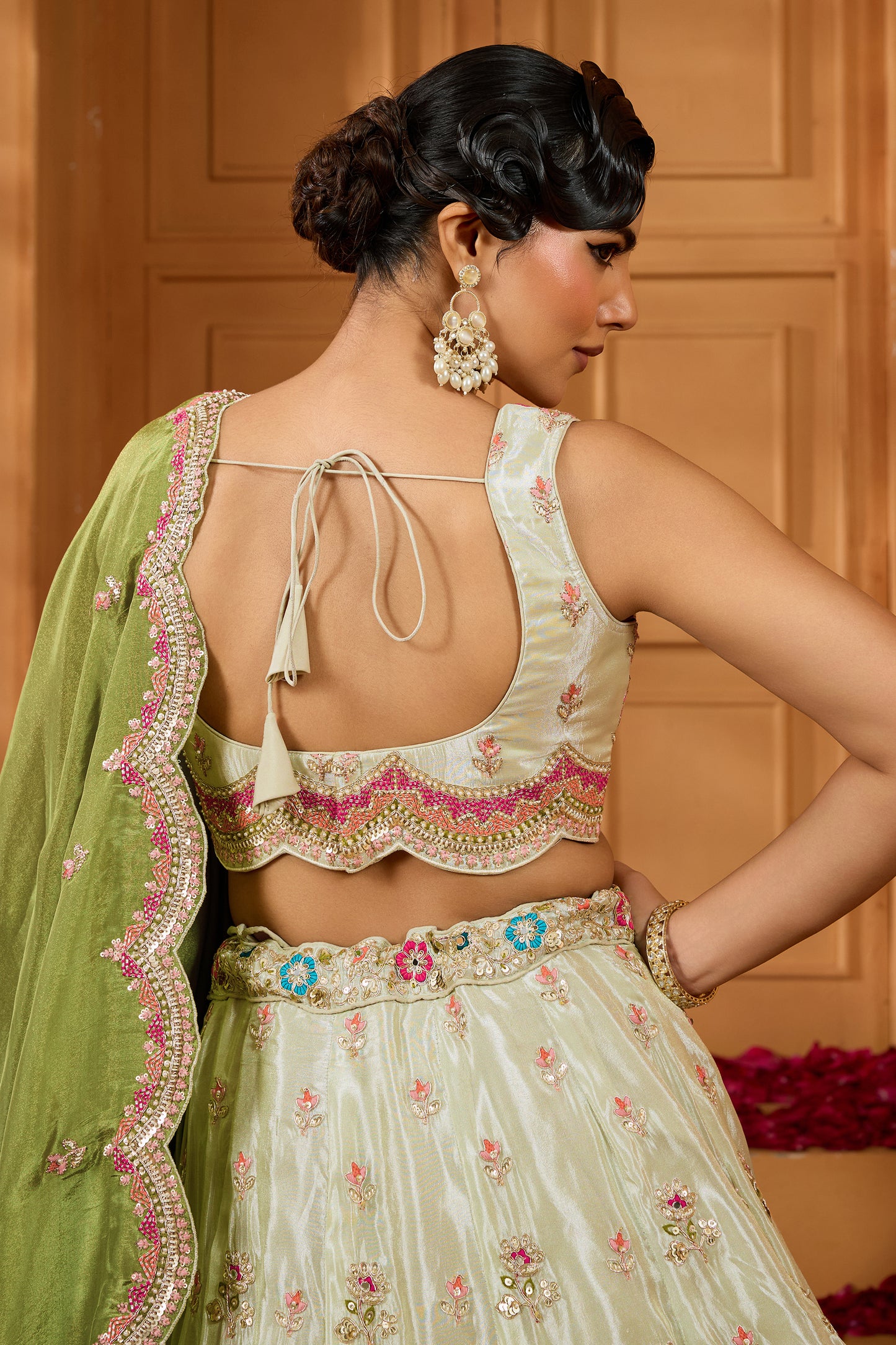 Lime Green Semi-Stitched Embroidered Tissue Lehenga