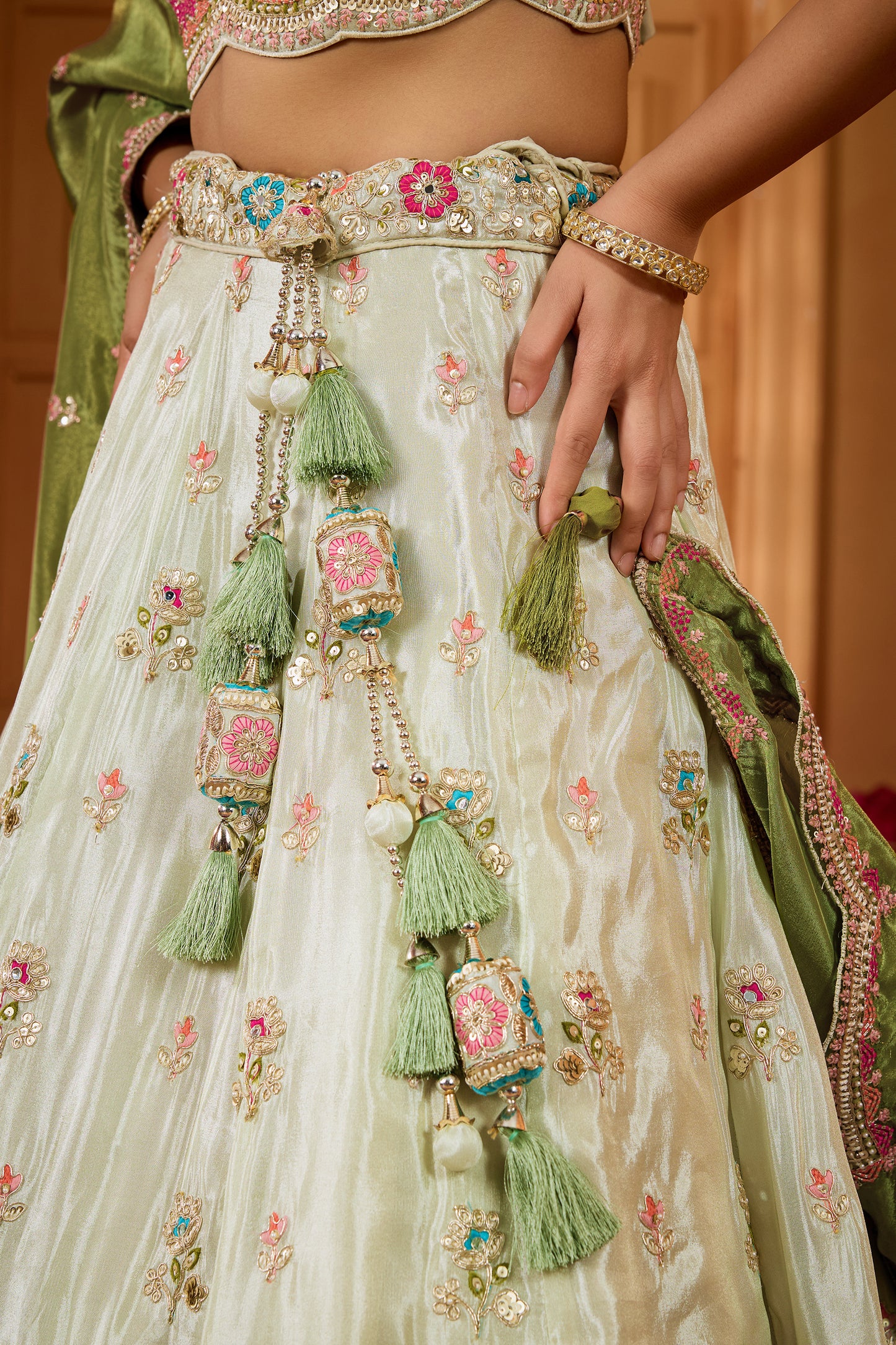 Lime Green Semi-Stitched Embroidered Tissue Lehenga