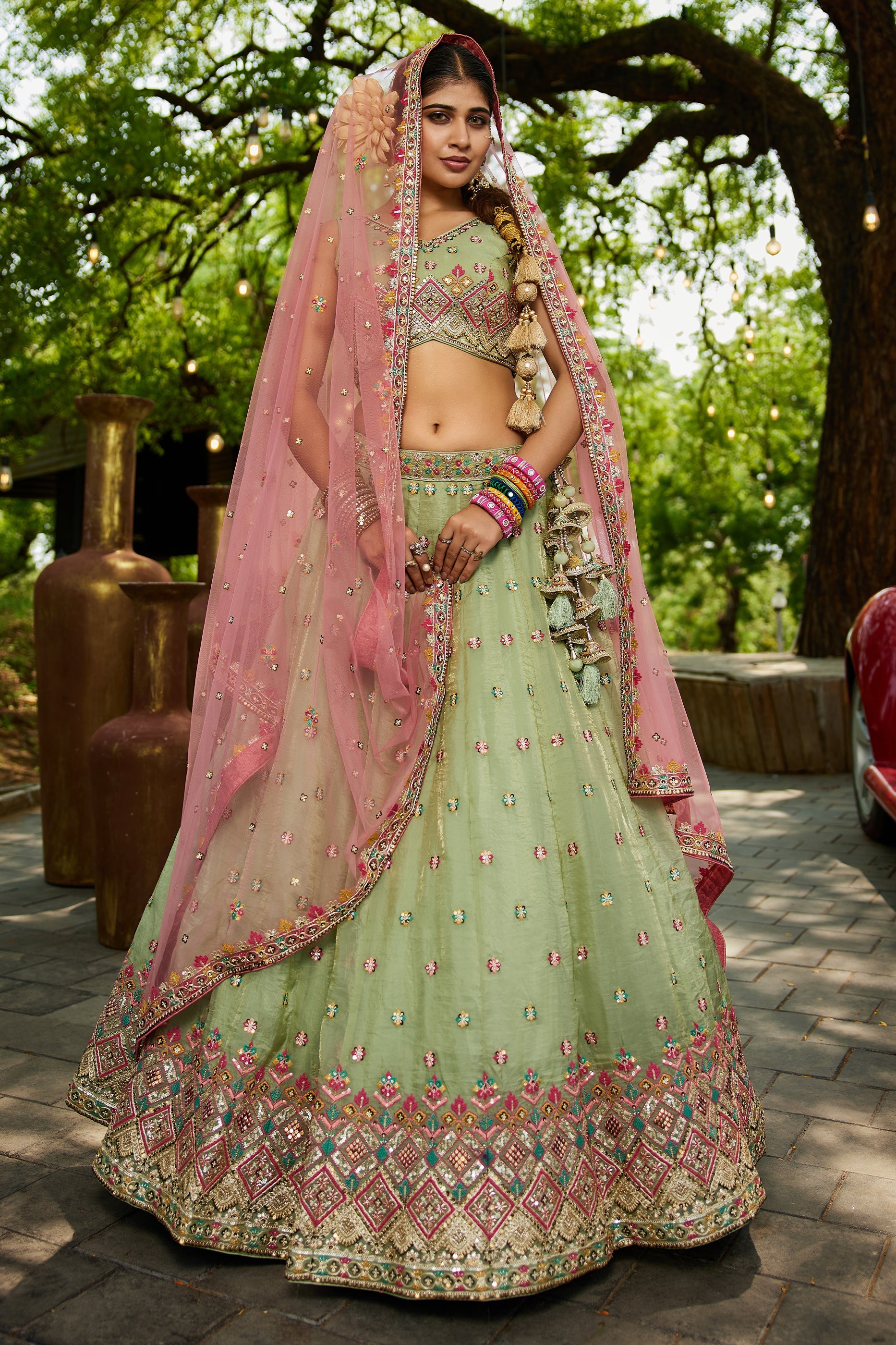 Lime Green Readymade Embroidered Tissue Silk Lehenga-SAR10050_1_SareeButa.com