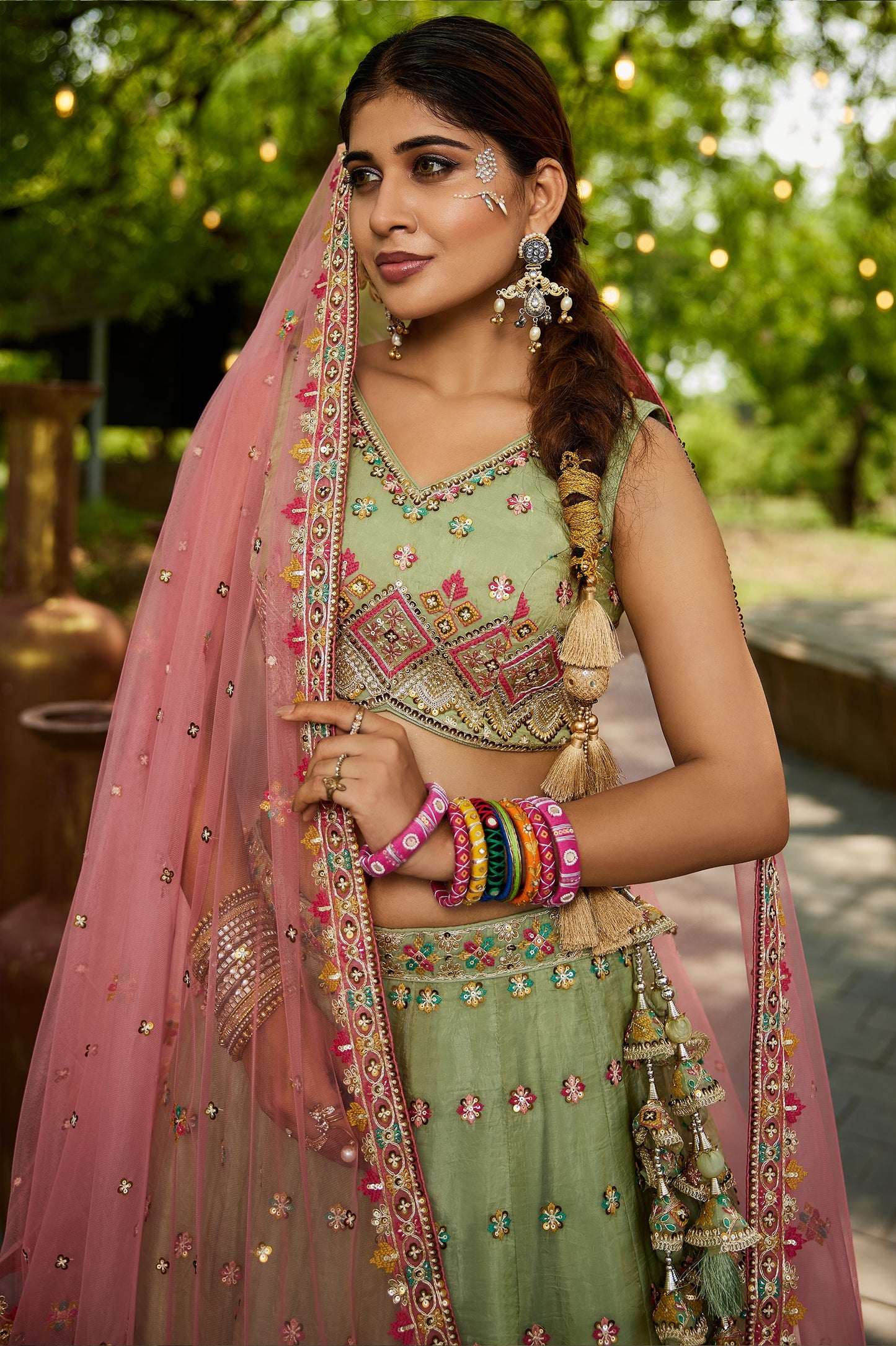 Lime Green Readymade Embroidered Tissue Silk Lehenga-SAR10050_2_SareeButa.com