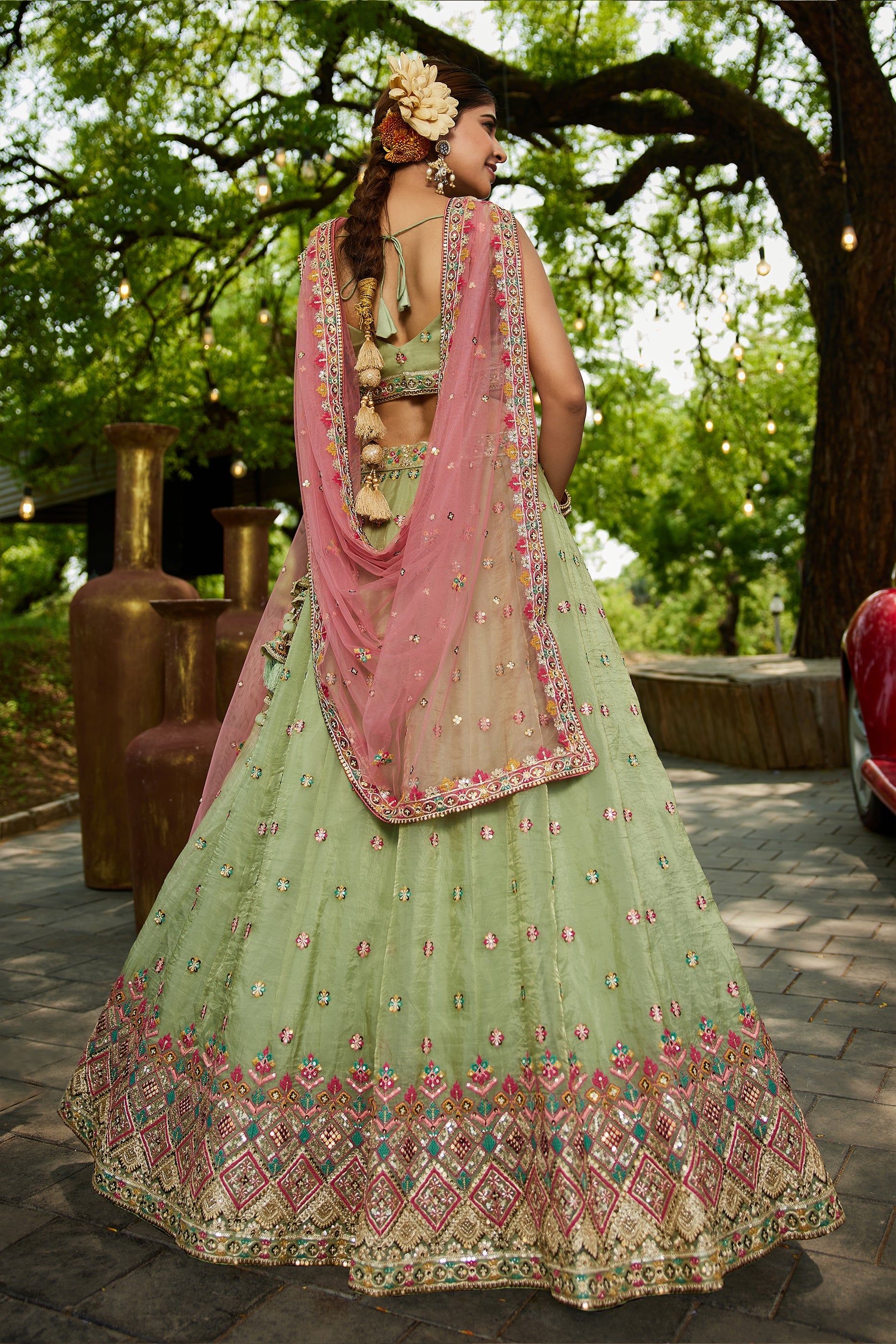 Lime Green Readymade Embroidered Tissue Silk Lehenga-SAR10050_3_SareeButa.com