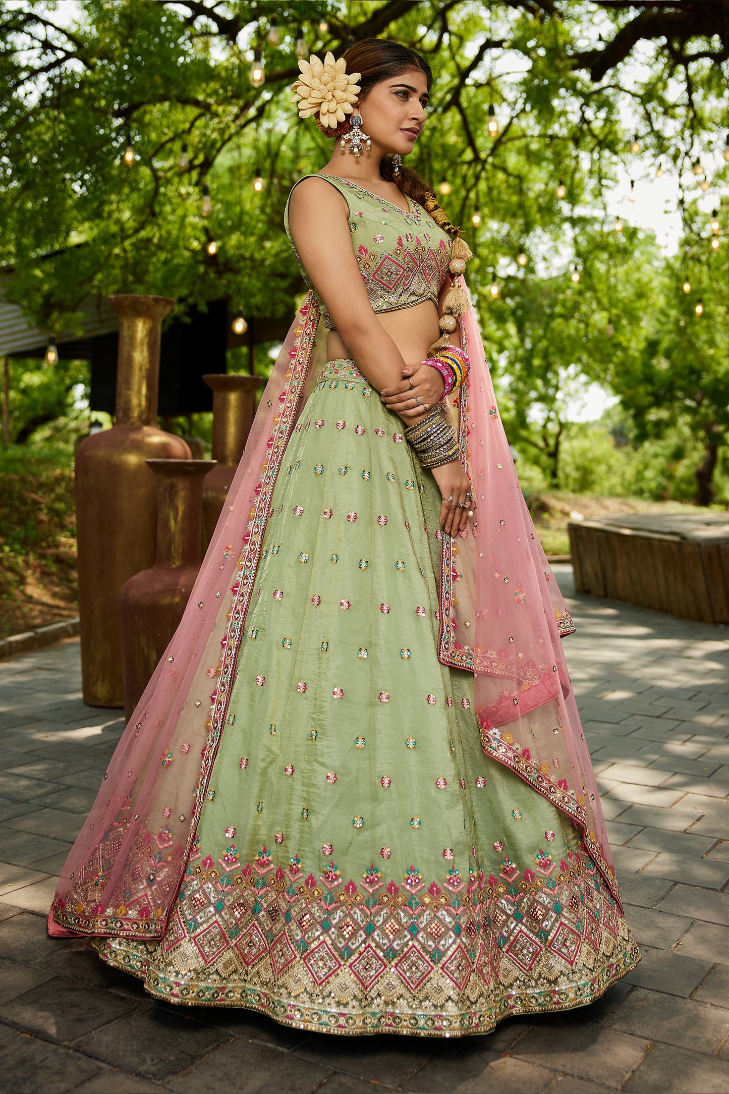 Lime Green Readymade Embroidered Tissue Silk Lehenga-SAR10050_4_SareeButa.com